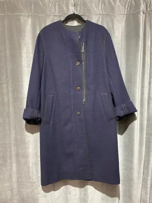 Dries Van Noten Navy Collarless Wool  Front Hidden Zip Pocket Button Coat