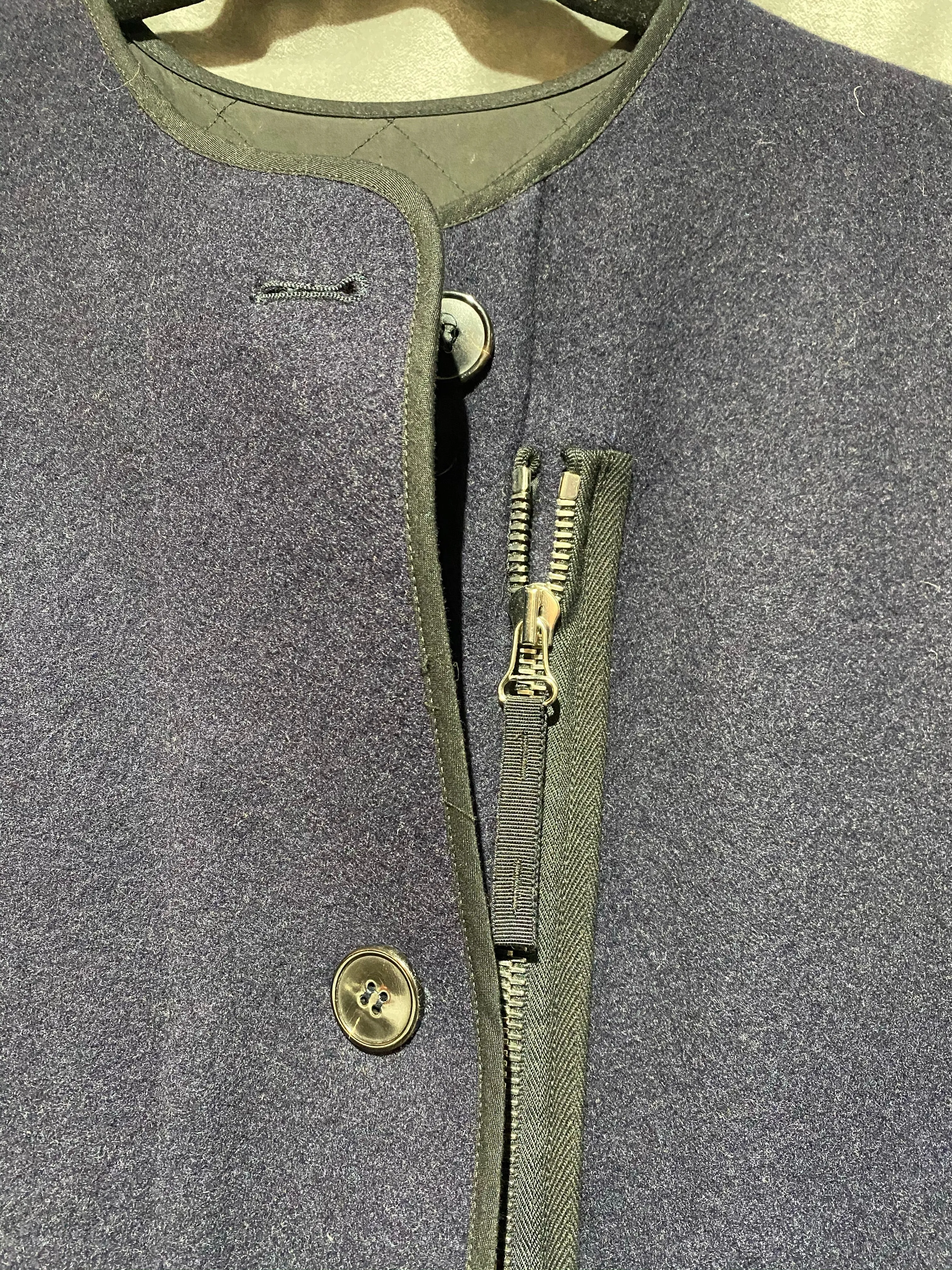Dries Van Noten Navy Collarless Wool  Front Hidden Zip Pocket Button Coat