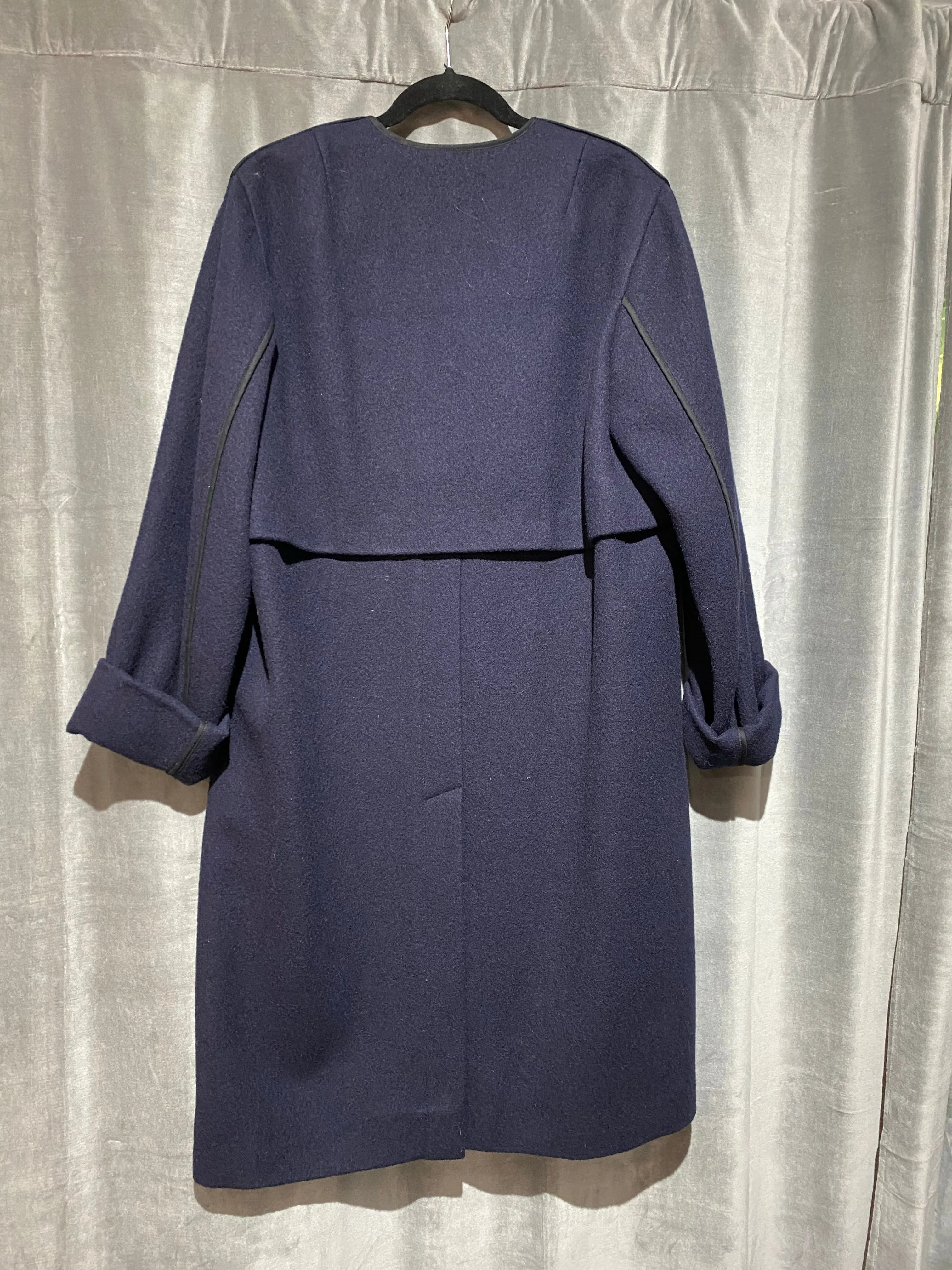 Dries Van Noten Navy Collarless Wool  Front Hidden Zip Pocket Button Coat