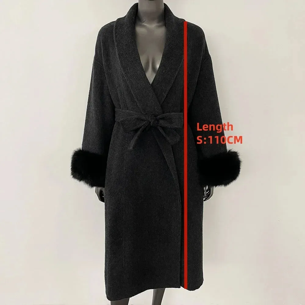 Elegant OL Office Lady Overcoats Fur Patchwork Long Sleeve Woolen Coat Beautiful Women's Clothing Jacket Autumn 2025 Spring