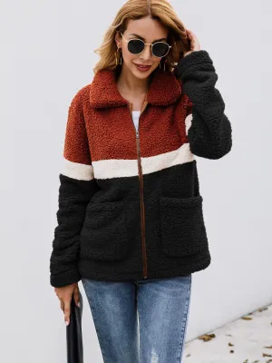 Fashion Plush Colorblock Pocket Women's Jacket Coat