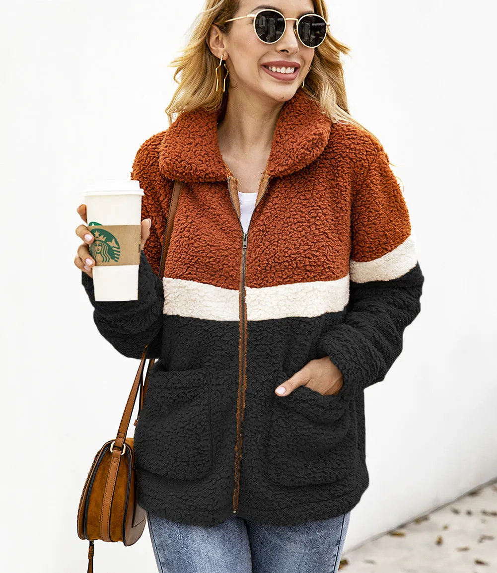 Fashion Plush Colorblock Pocket Women's Jacket Coat