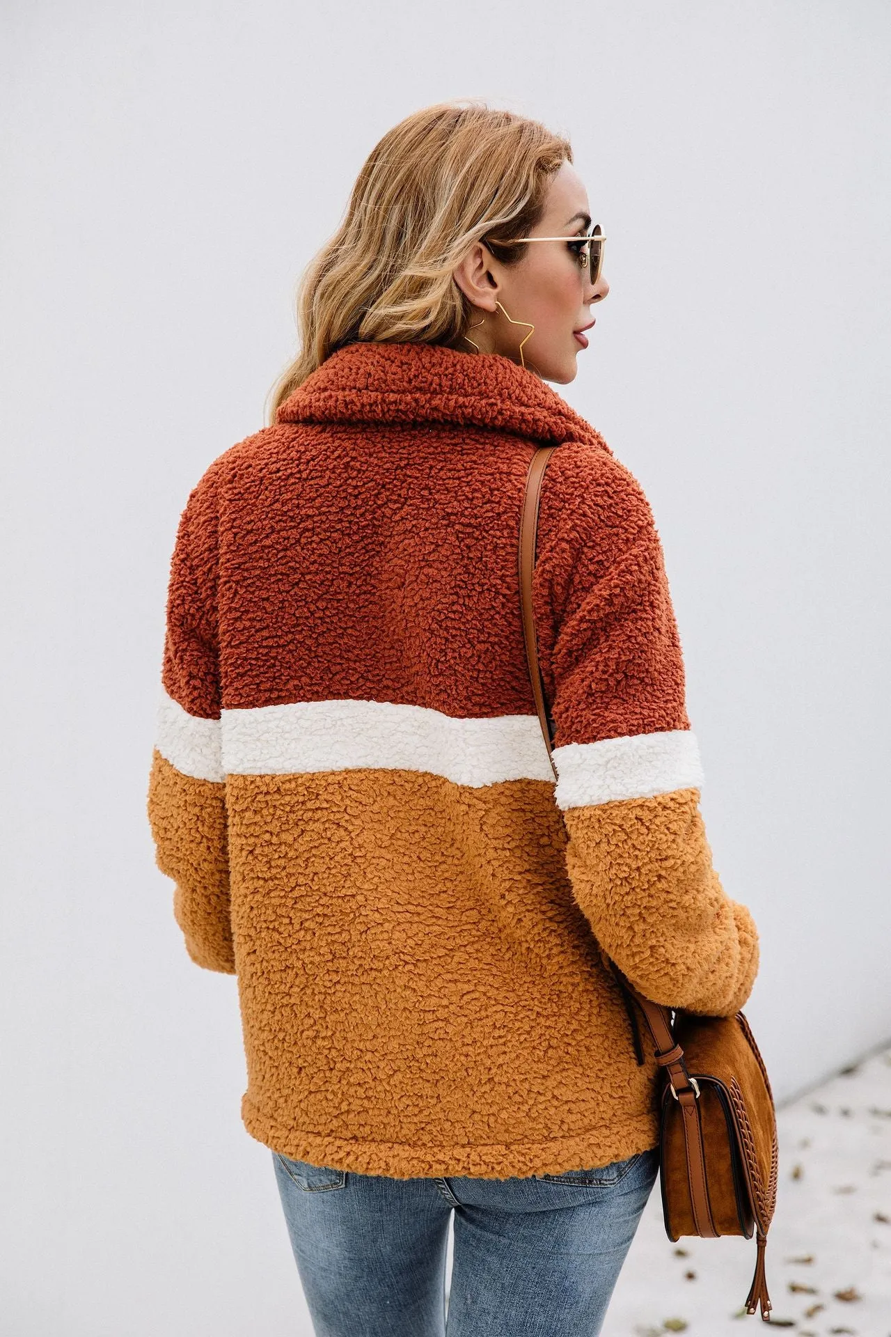 Fashion Plush Colorblock Pocket Women's Jacket Coat