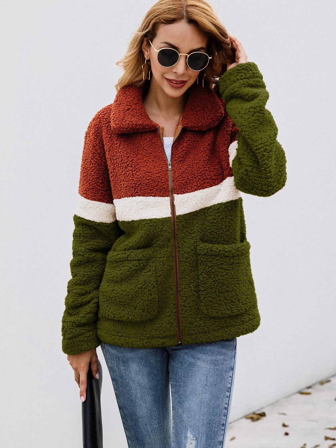 Fashion Plush Colorblock Pocket Women's Jacket Coat