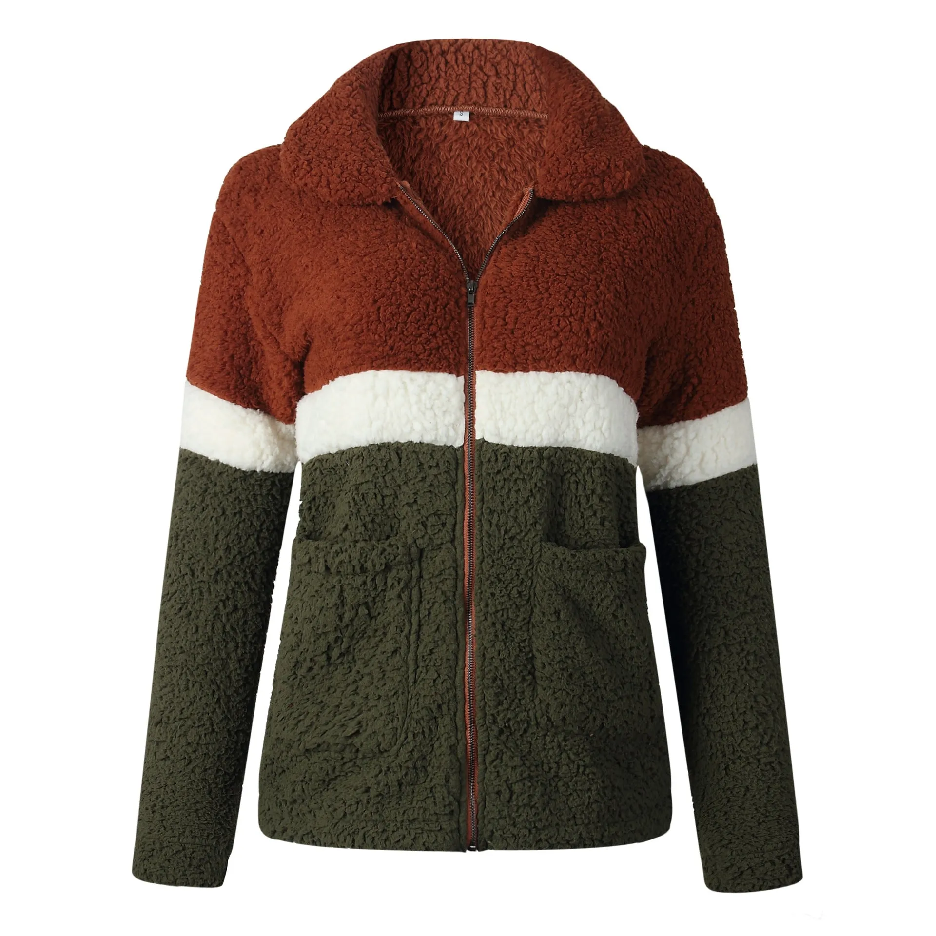 Fashion Plush Colorblock Pocket Women's Jacket Coat