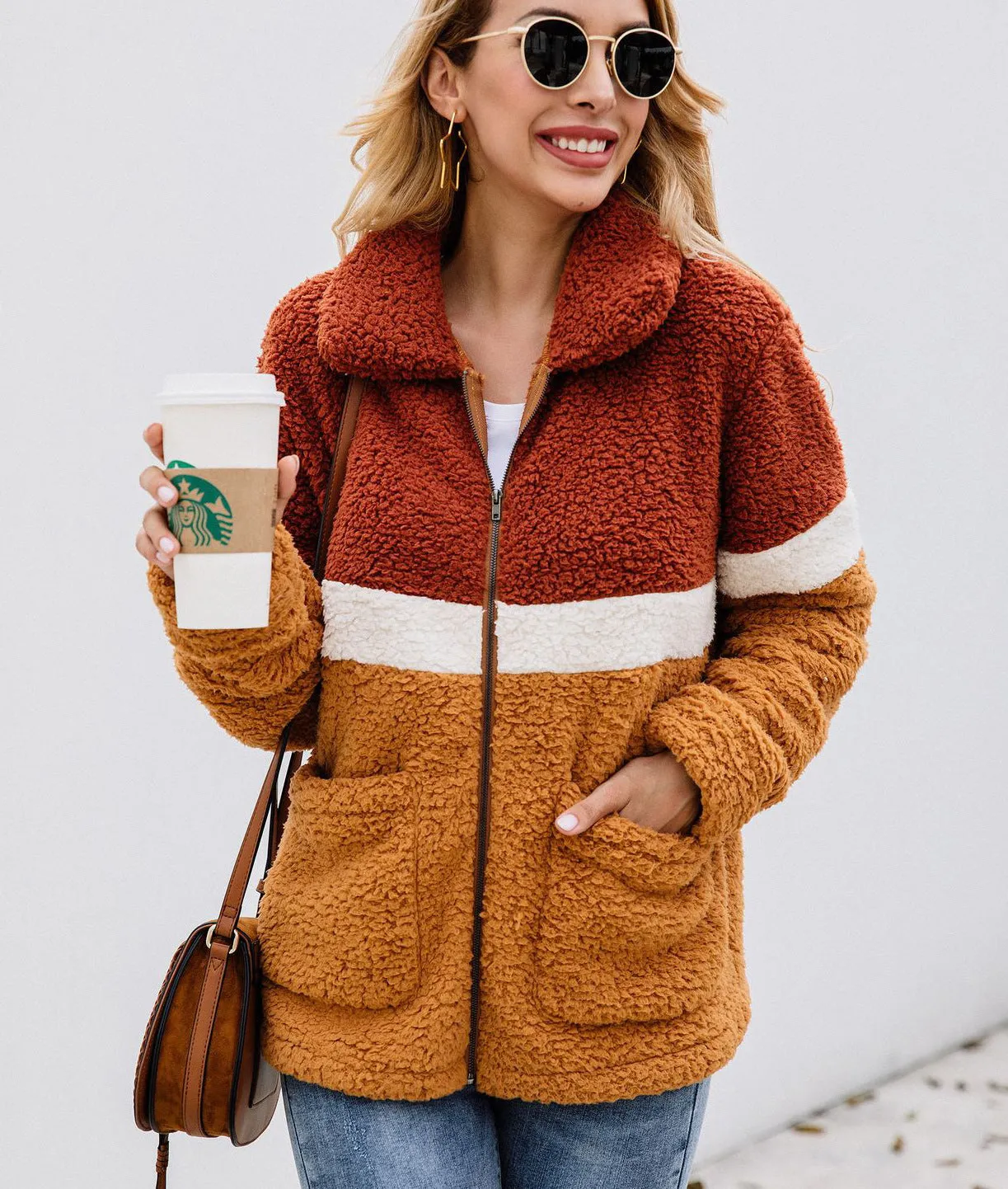 Fashion Plush Colorblock Pocket Women's Jacket Coat