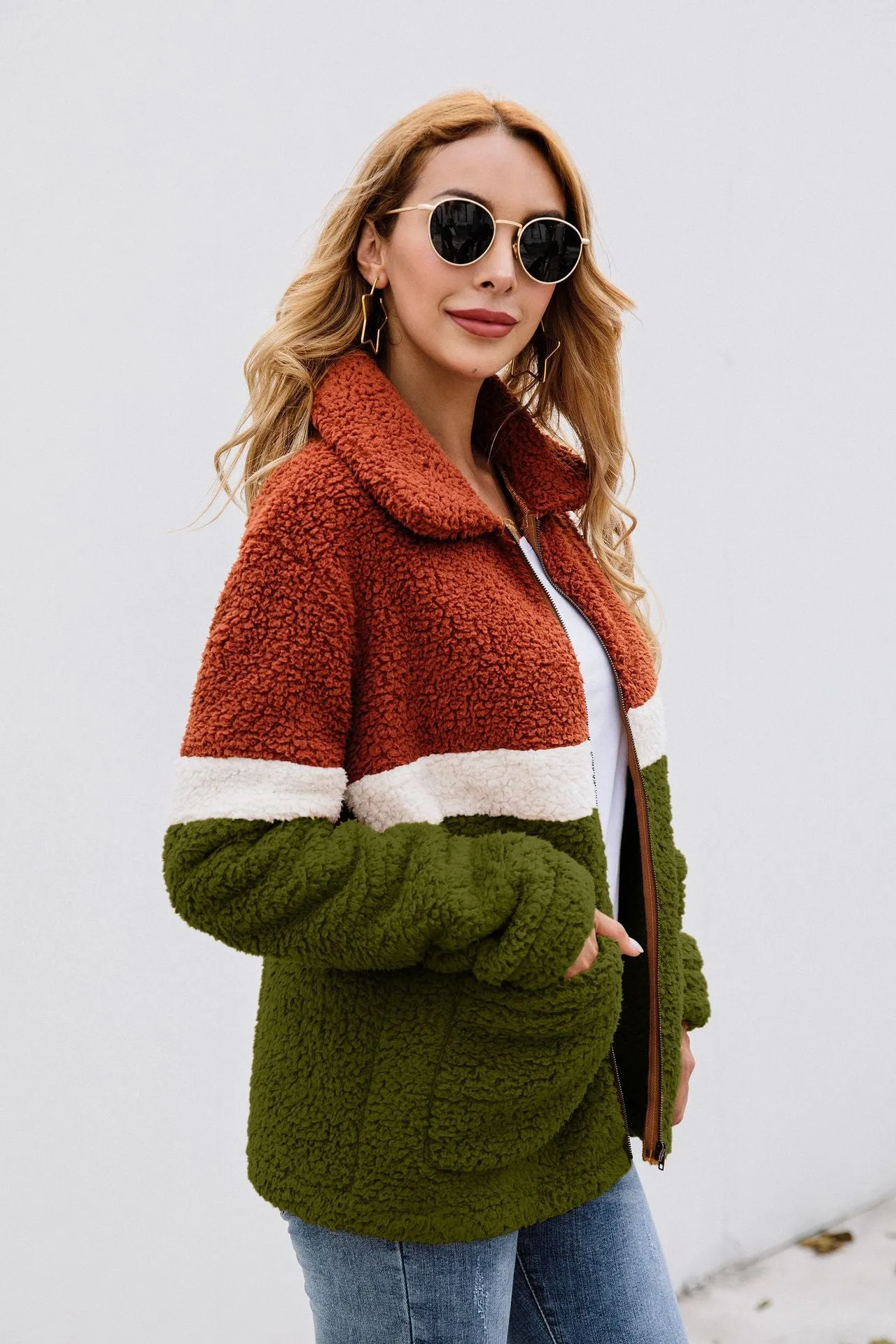 Fashion Plush Colorblock Pocket Women's Jacket Coat