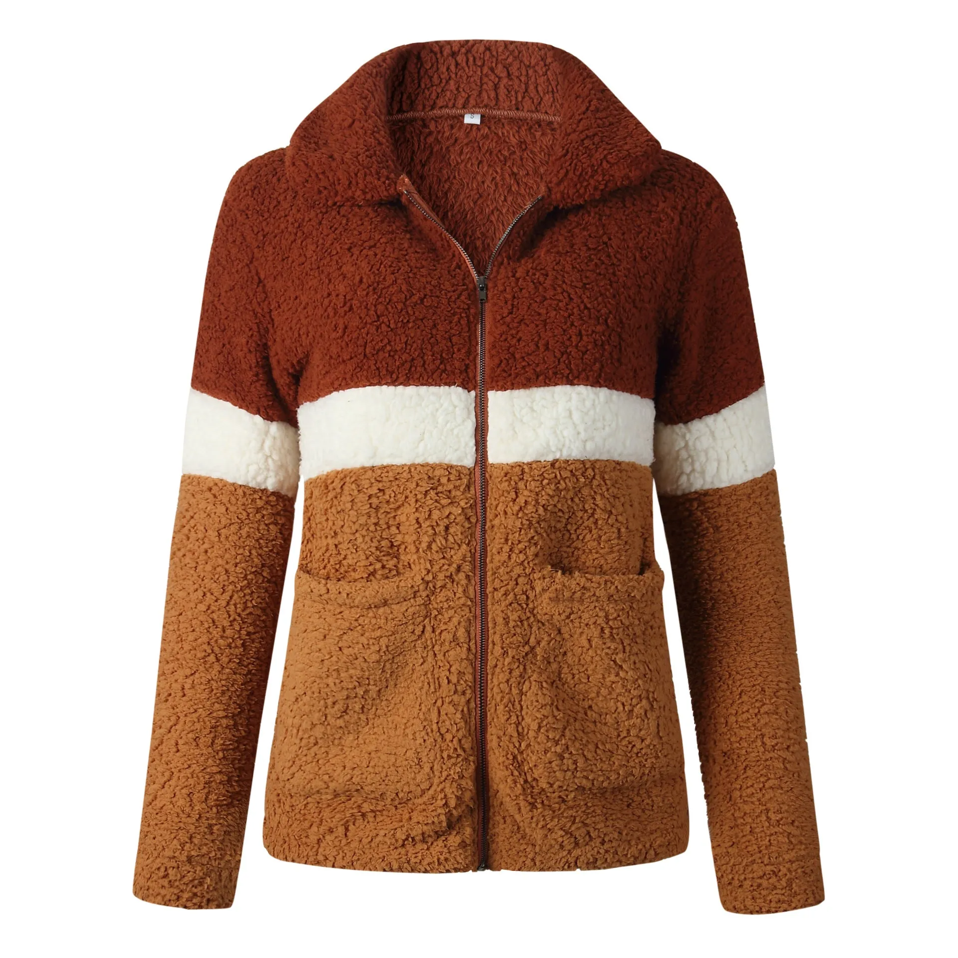 Fashion Plush Colorblock Pocket Women's Jacket Coat
