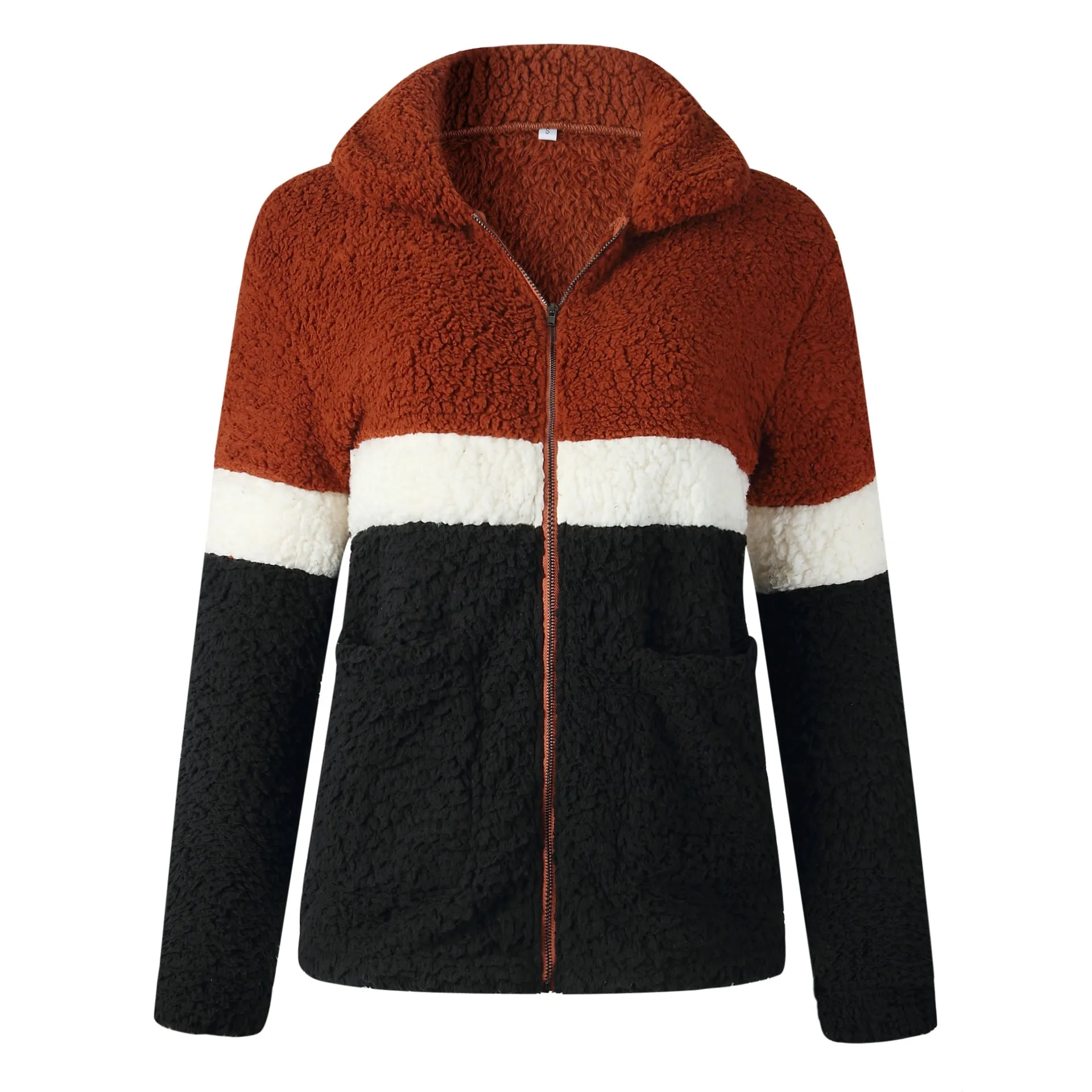 Fashion Plush Colorblock Pocket Women's Jacket Coat