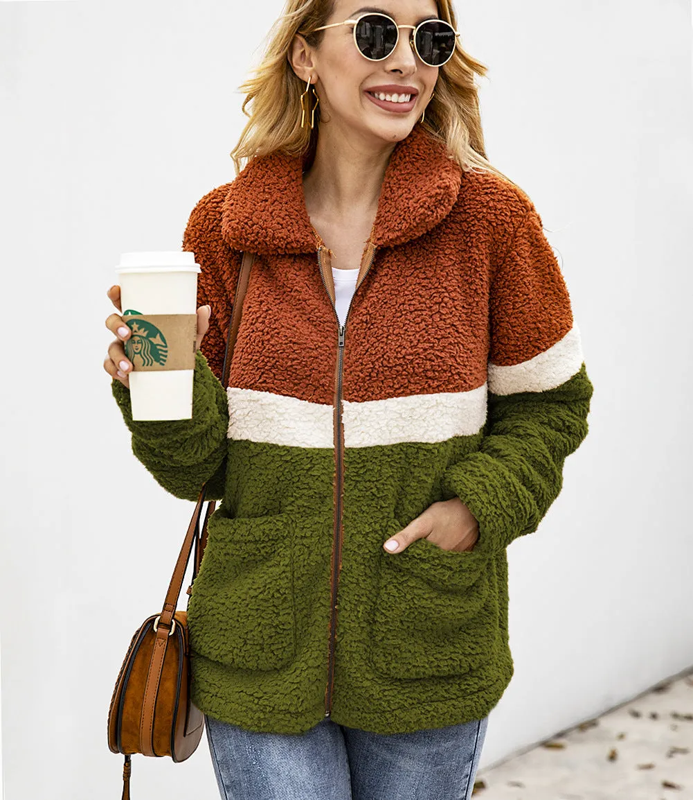 Fashion Plush Colorblock Pocket Women's Jacket Coat