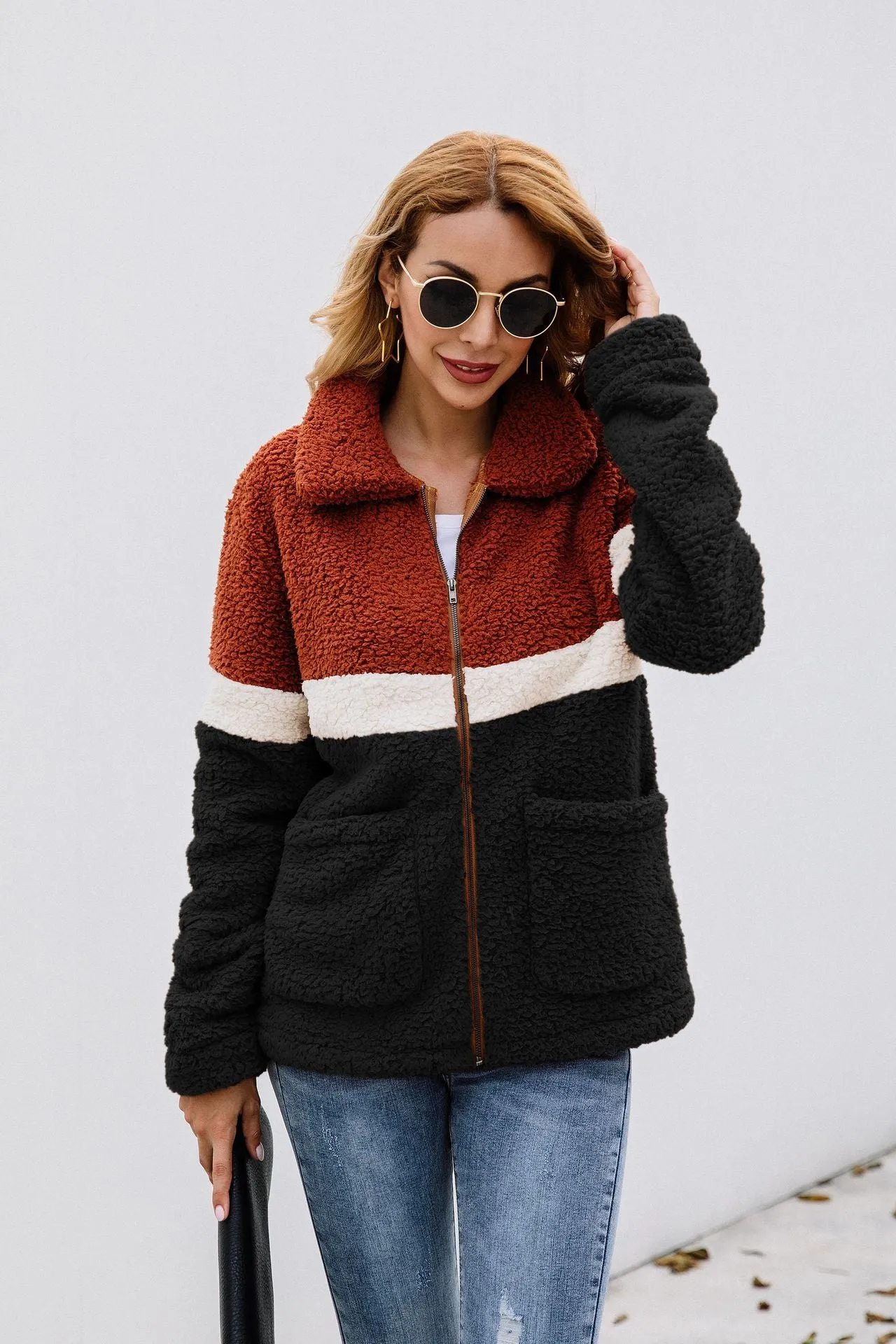 Fashion Plush Colorblock Pocket Women's Jacket Coat