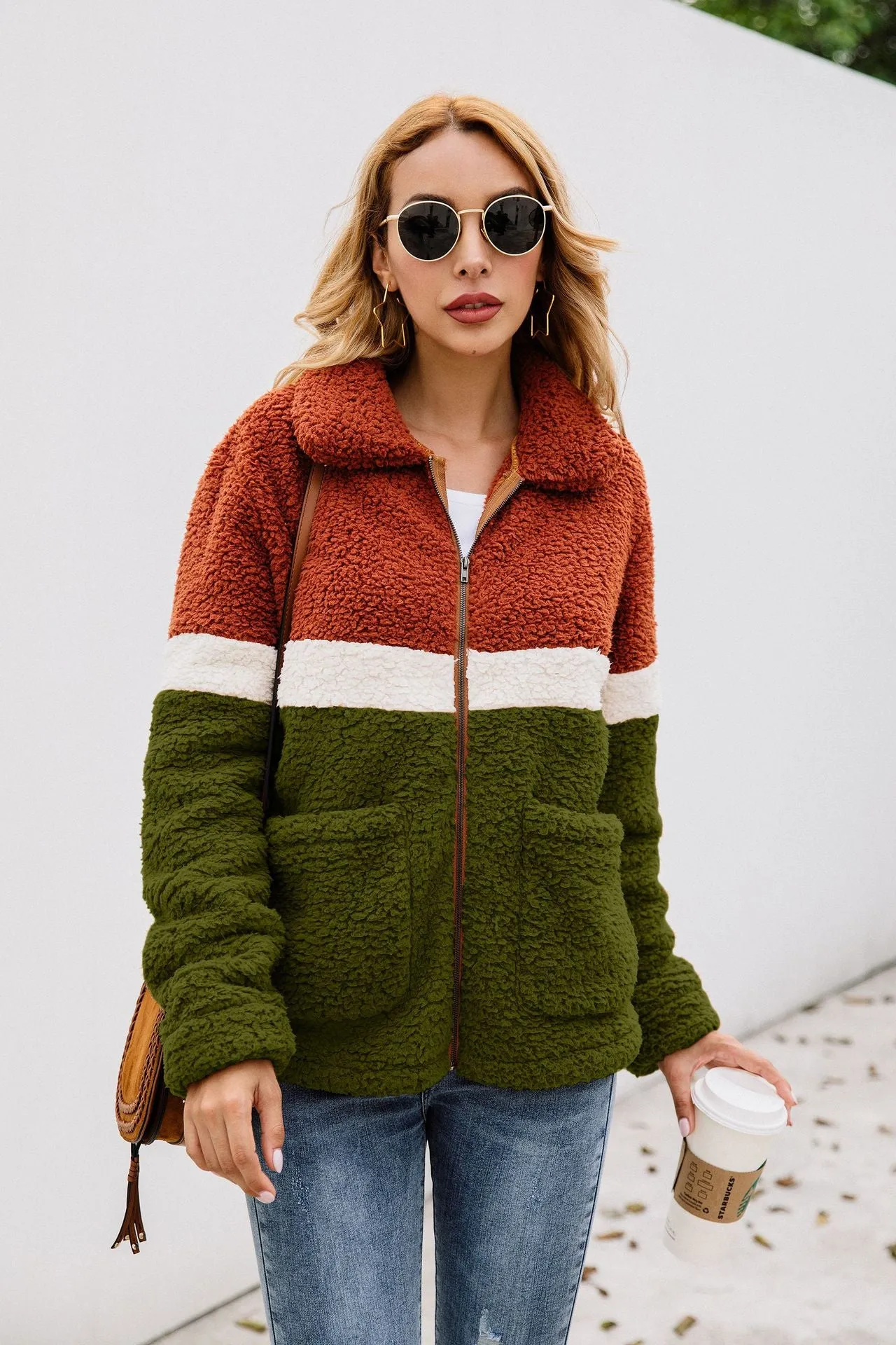 Fashion Plush Colorblock Pocket Women's Jacket Coat