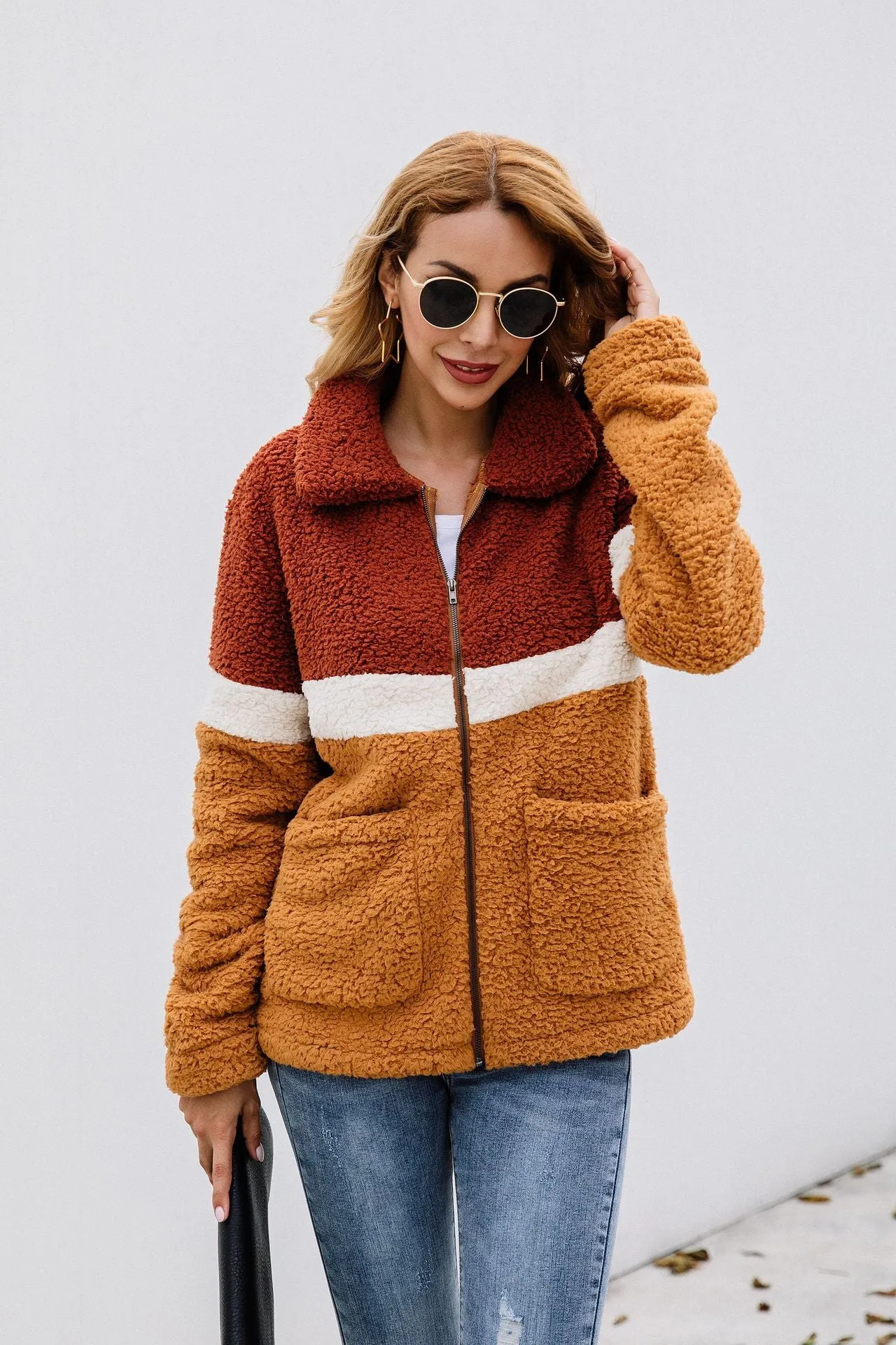 Fashion Plush Colorblock Pocket Women's Jacket Coat