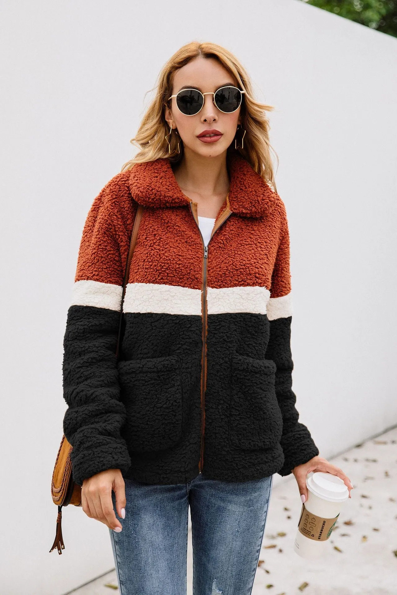 Fashion Plush Colorblock Pocket Women's Jacket Coat