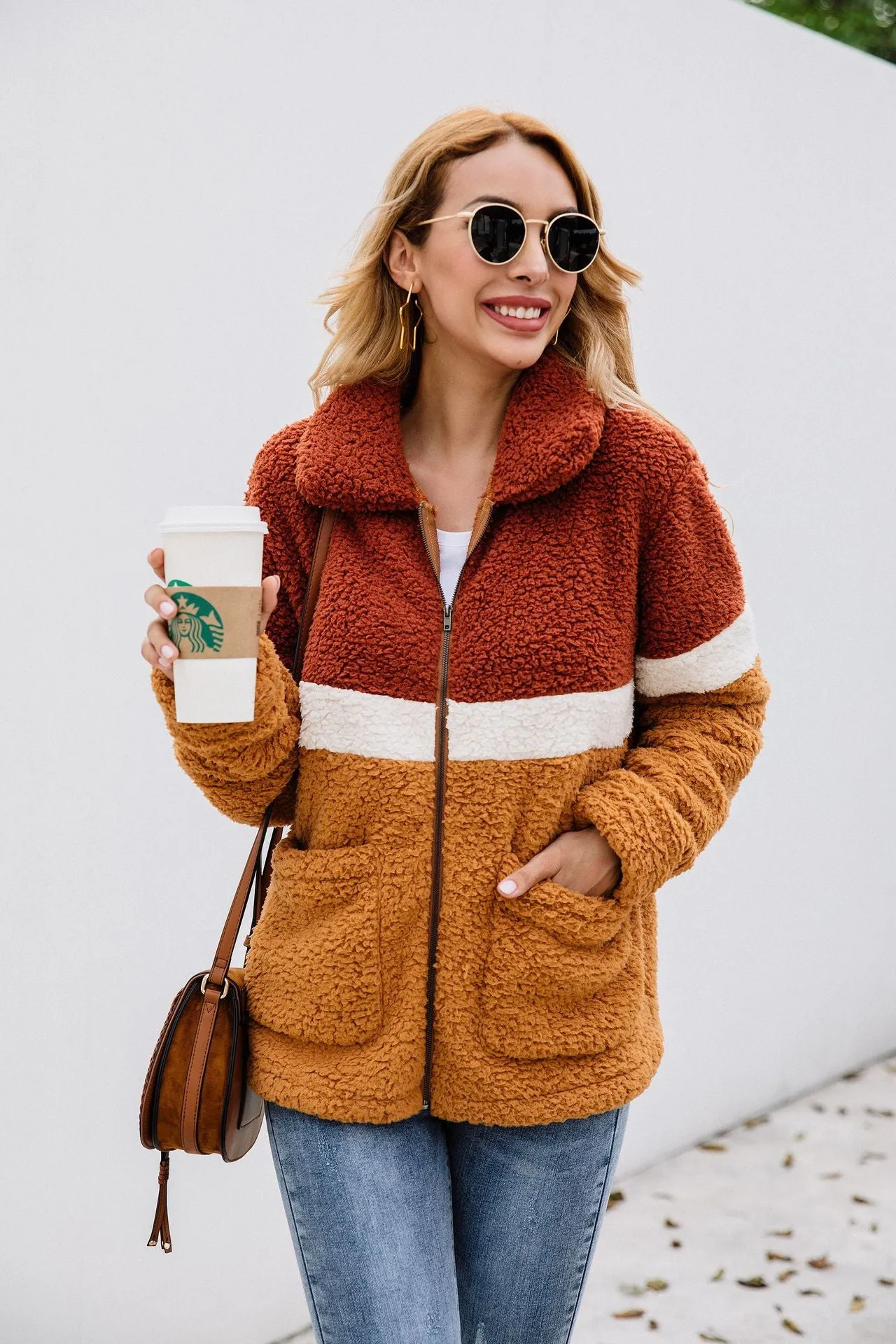 Fashion Plush Colorblock Pocket Women's Jacket Coat