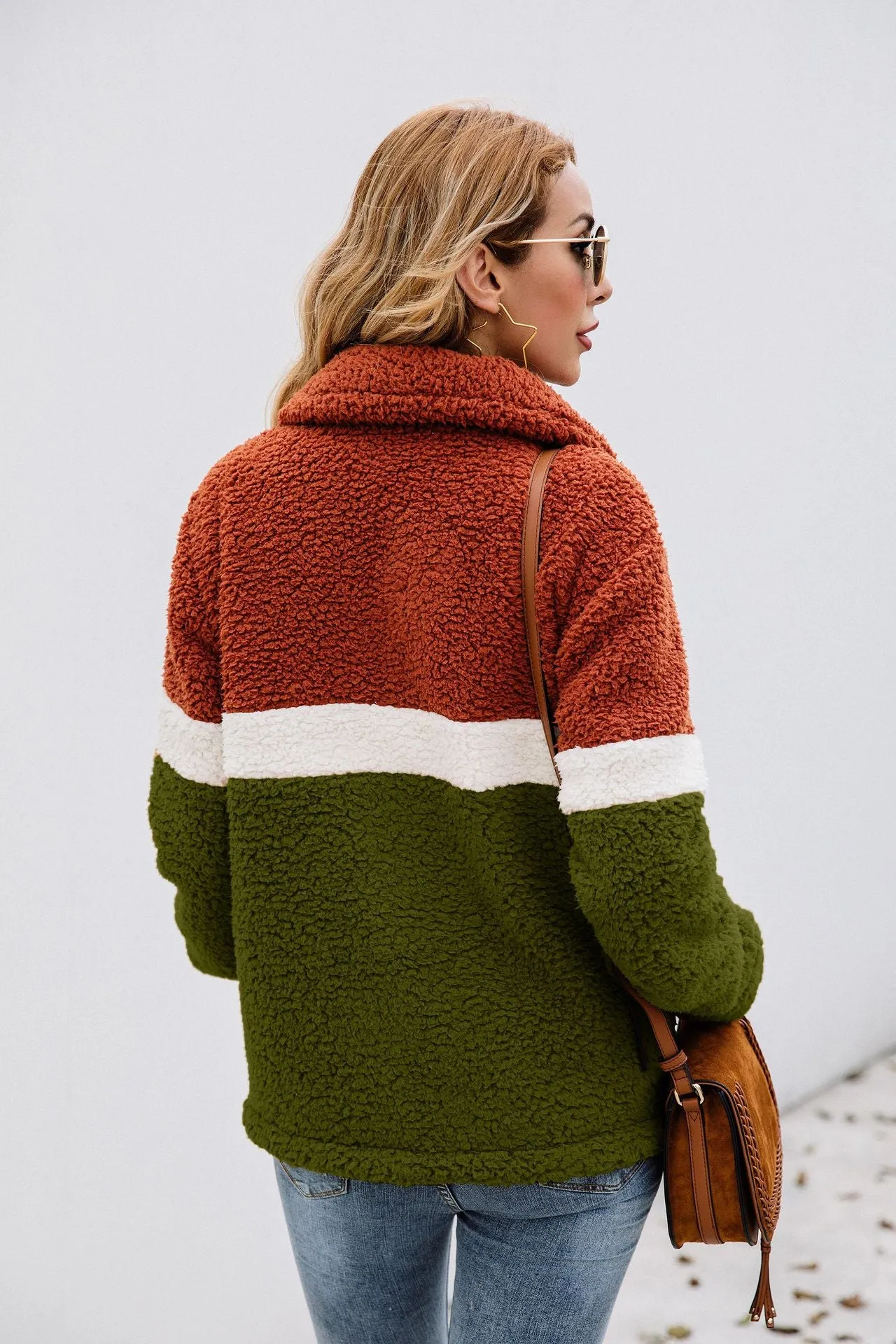 Fashion Plush Colorblock Pocket Women's Jacket Coat