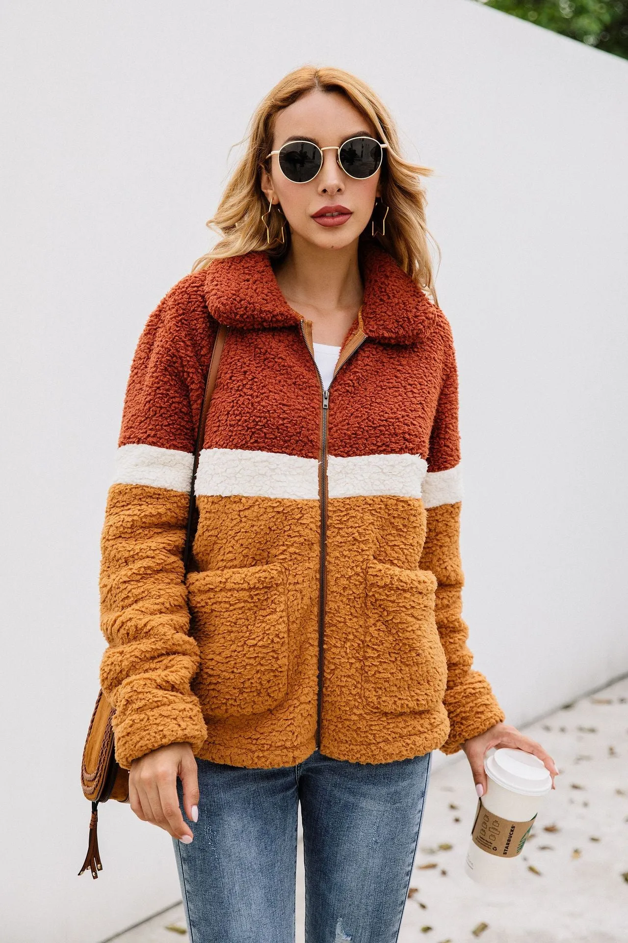 Fashion Plush Colorblock Pocket Women's Jacket Coat