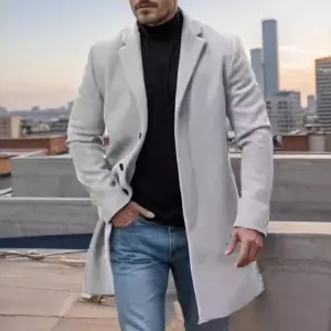 Fashionable Single Breasted Woolen Mid Jacket Men Autumn Winter Vintage Turn-down Collar Solid Color Overcoats Mens Outerwear
