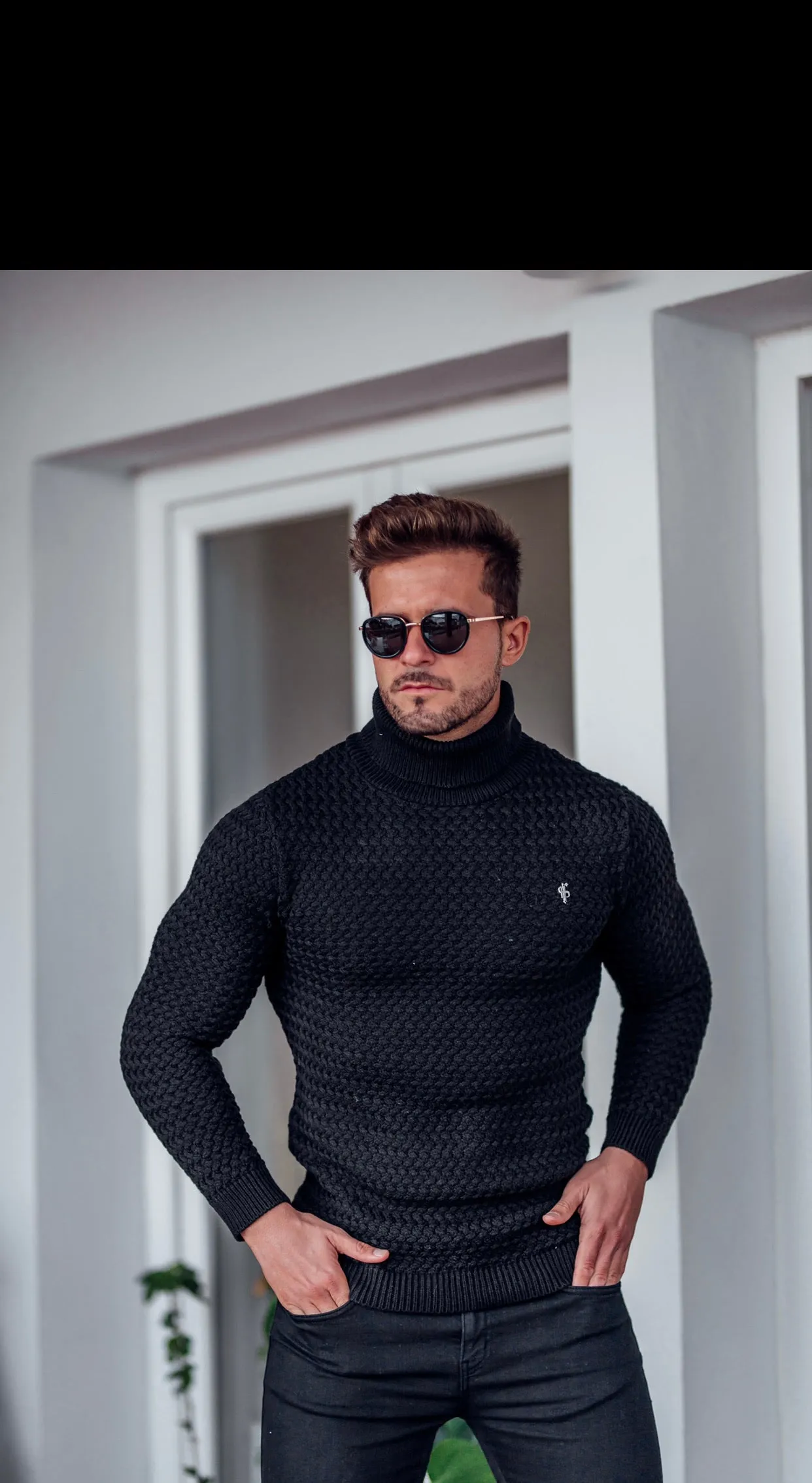 Father Sons Black Knitted Roll Neck Weave Super Slim Jumper With Metal Decal - FSJ024