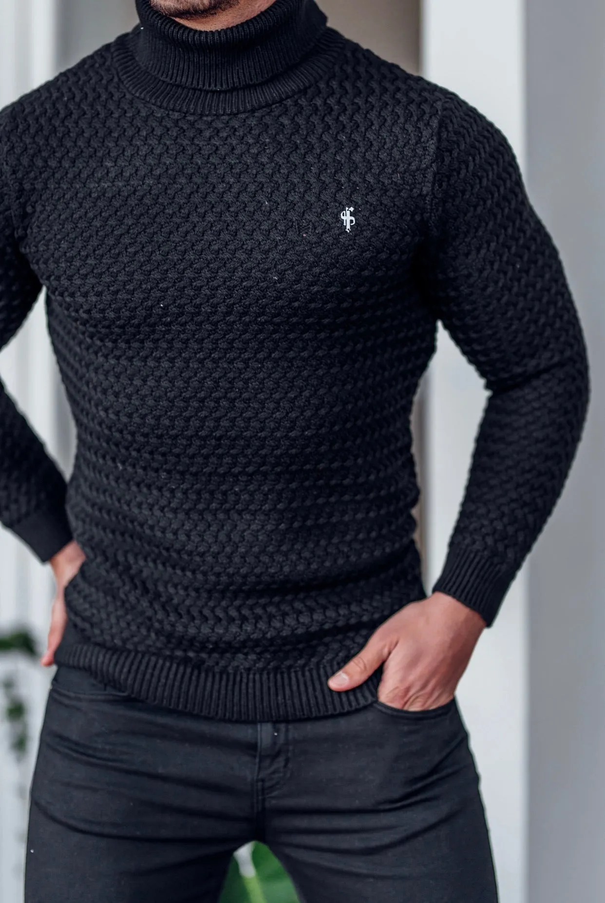 Father Sons Black Knitted Roll Neck Weave Super Slim Jumper With Metal Decal - FSJ024