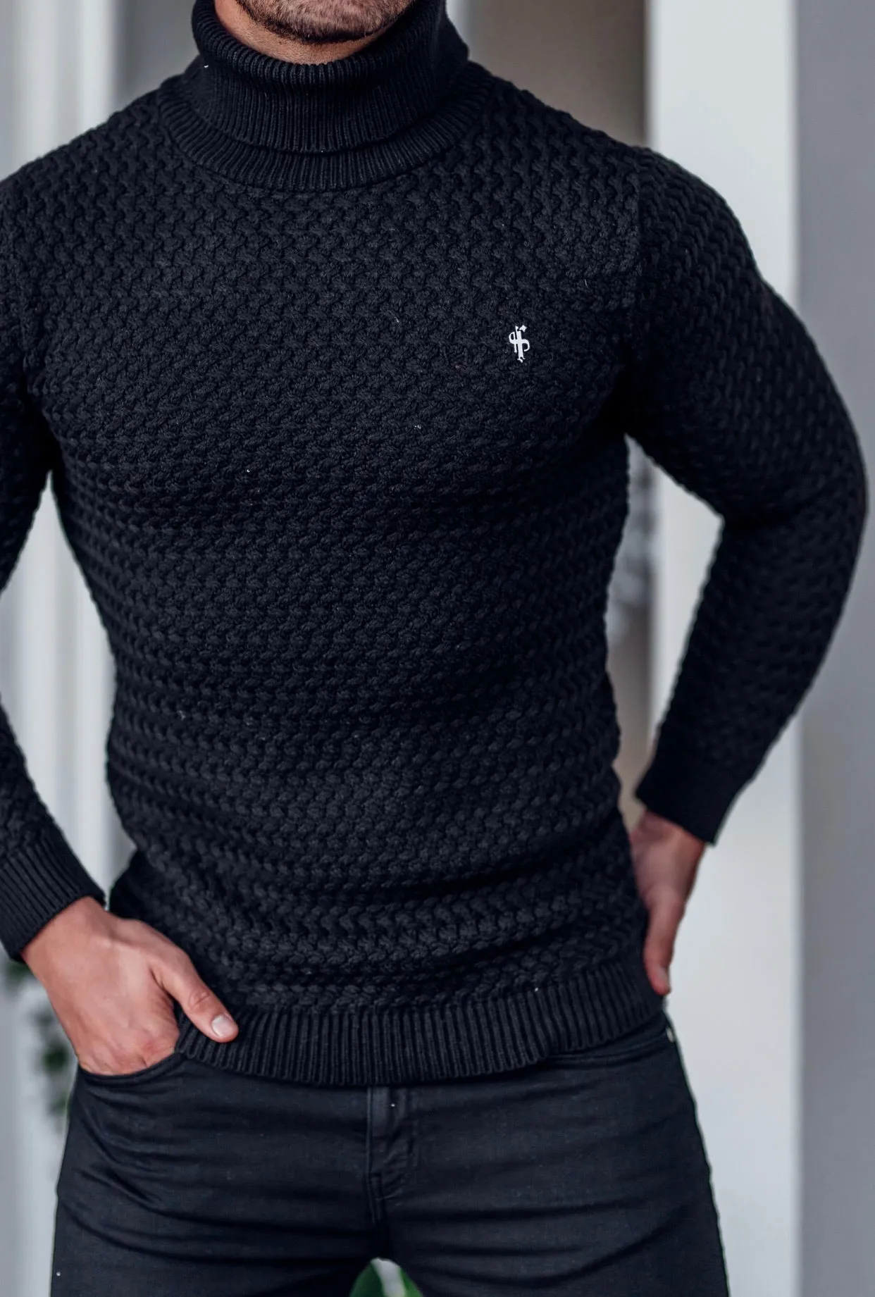 Father Sons Black Knitted Roll Neck Weave Super Slim Jumper With Metal Decal - FSJ024