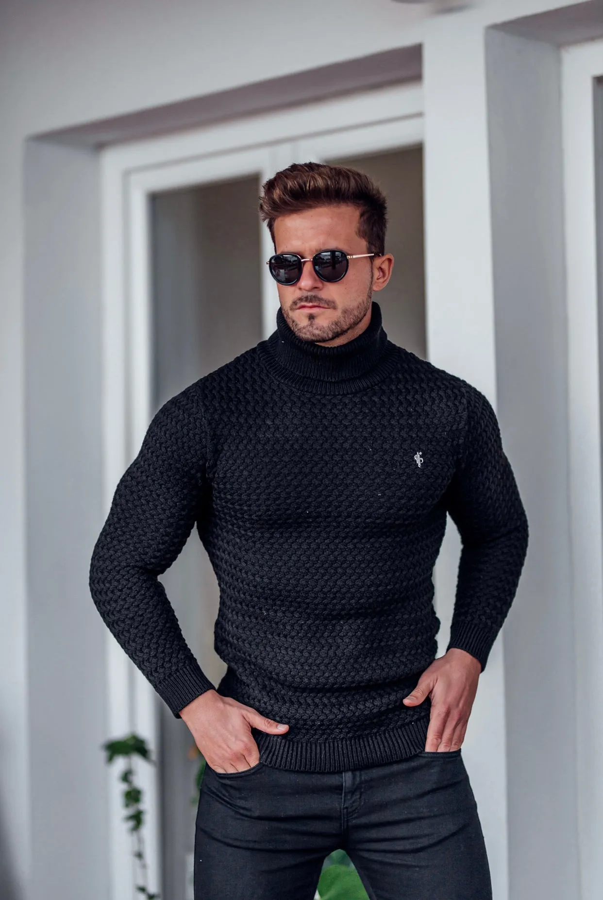Father Sons Black Knitted Roll Neck Weave Super Slim Jumper With Metal Decal - FSJ024