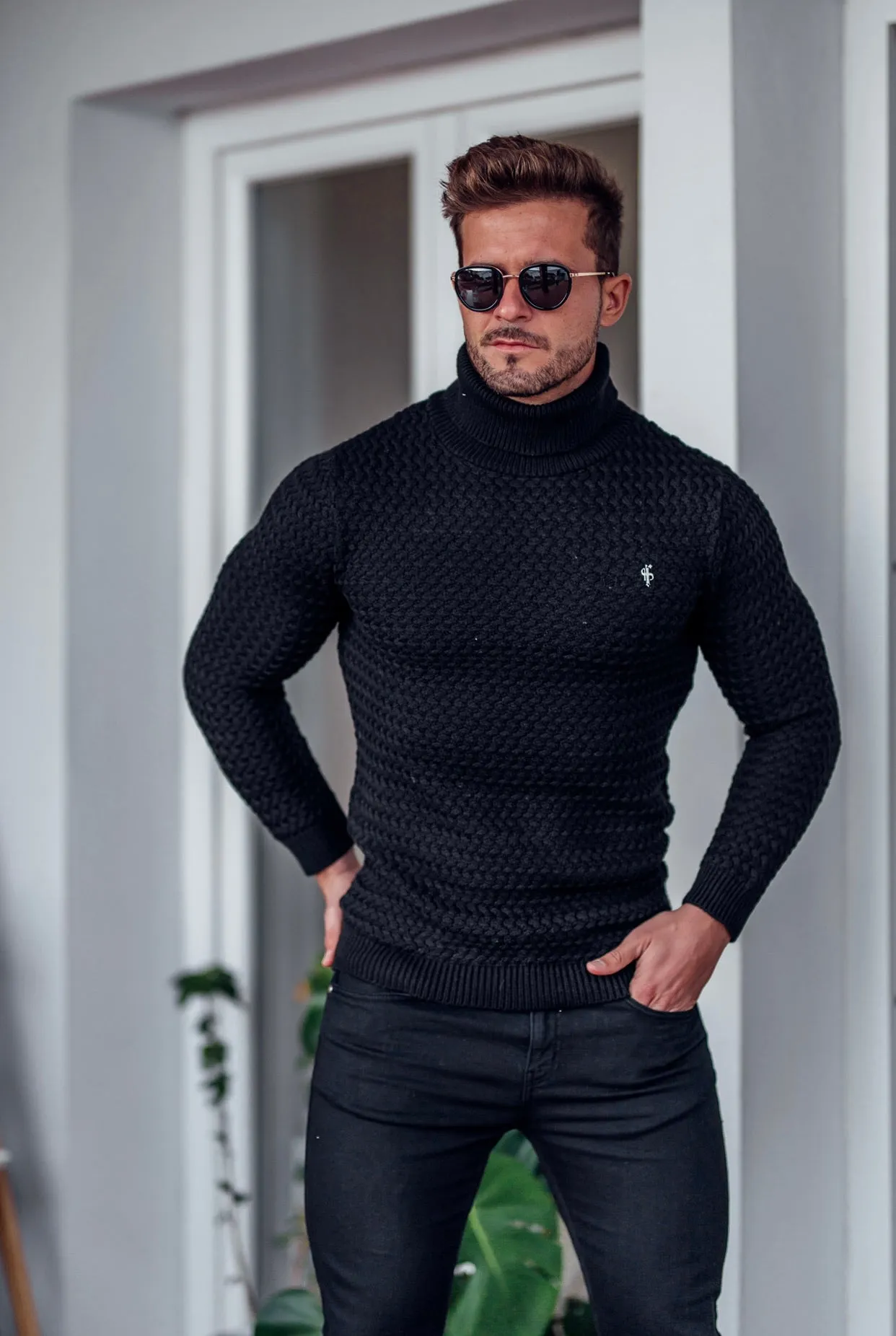 Father Sons Black Knitted Roll Neck Weave Super Slim Jumper With Metal Decal - FSJ024