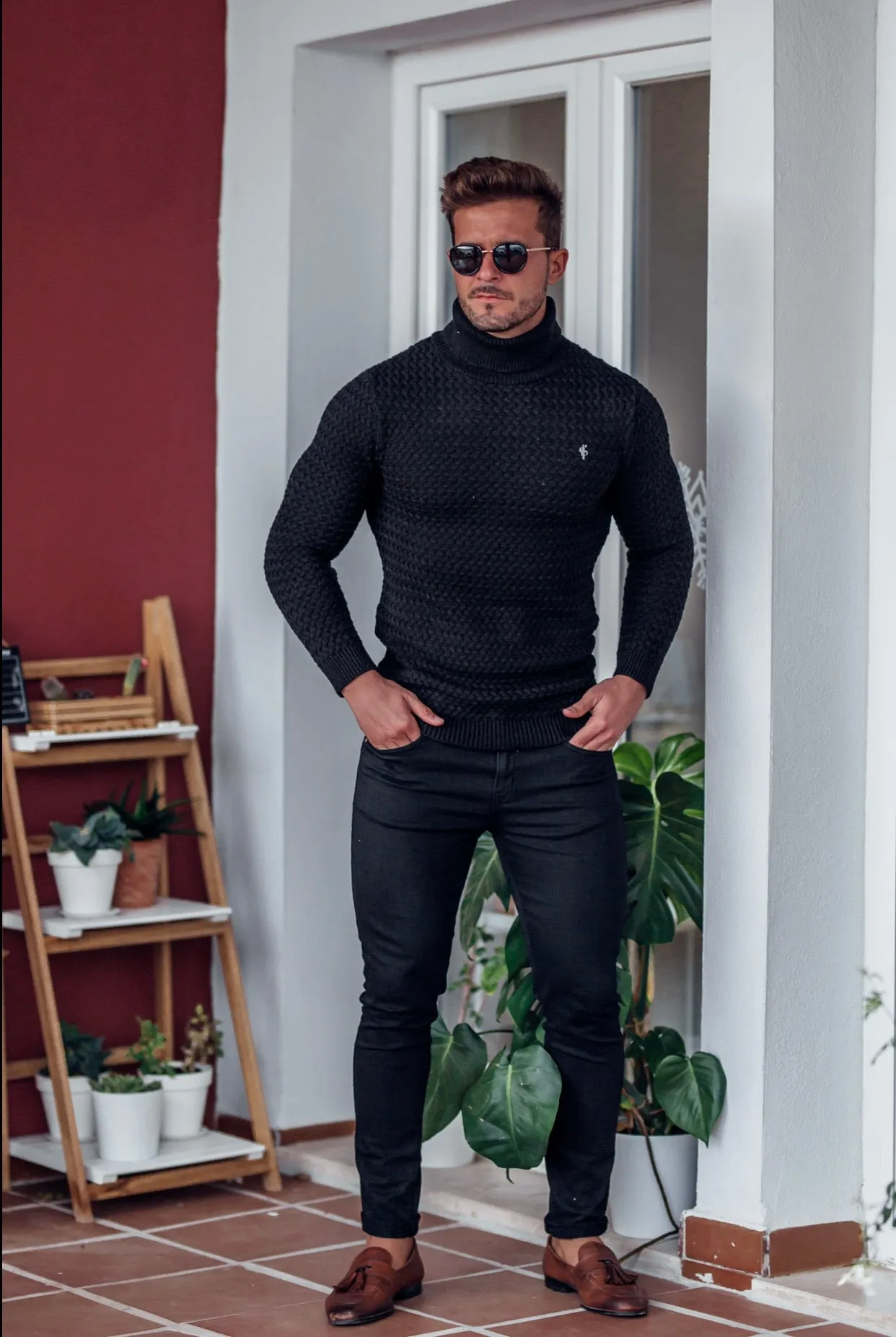 Father Sons Black Knitted Roll Neck Weave Super Slim Jumper With Metal Decal - FSJ024