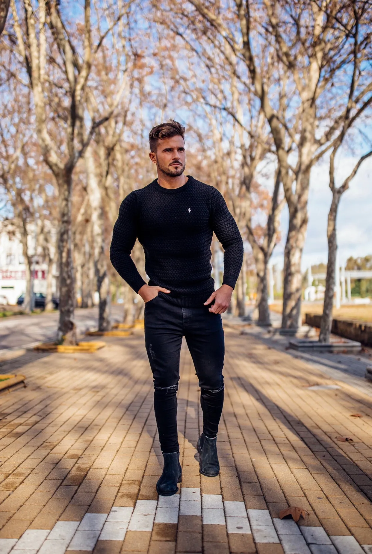 Father Sons Black Knitted Weave Super Slim Jumper With Metal Decal - FSJ014