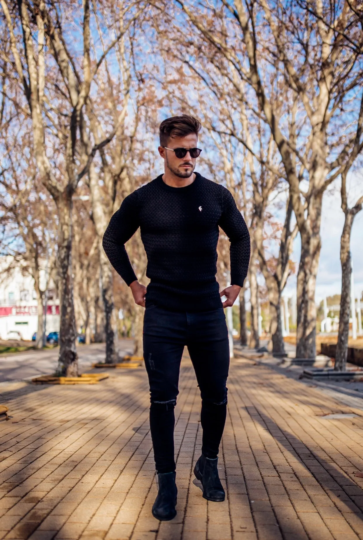 Father Sons Black Knitted Weave Super Slim Jumper With Metal Decal - FSJ014