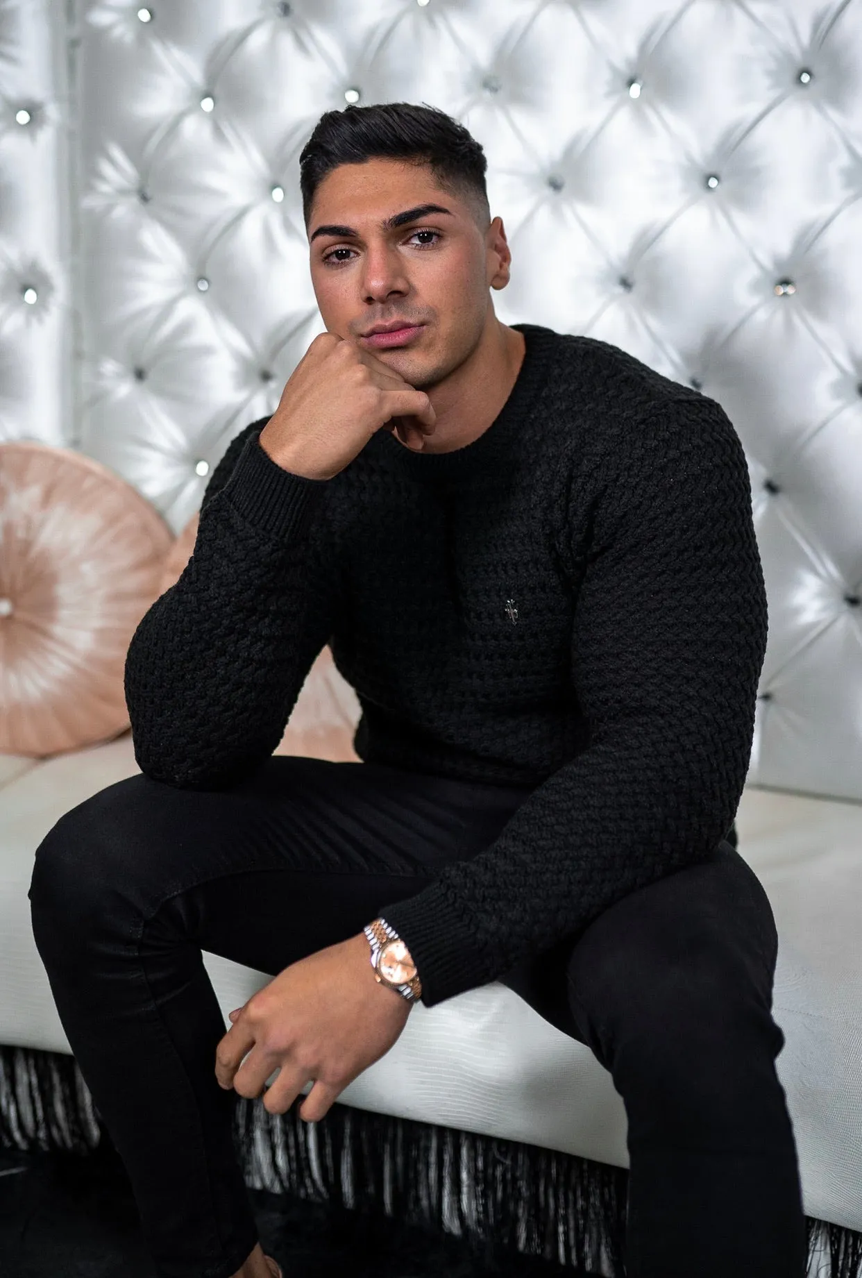 Father Sons Black Knitted Weave Super Slim Jumper With Metal Decal - FSJ014