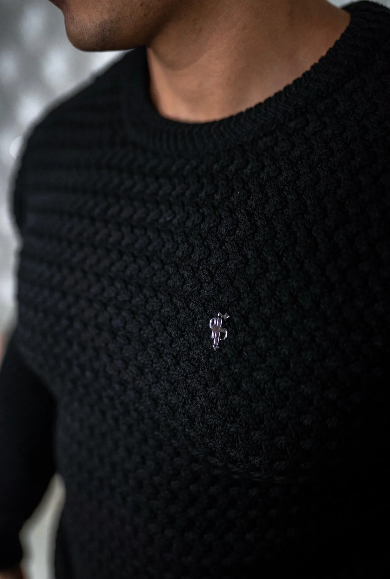 Father Sons Black Knitted Weave Super Slim Jumper With Metal Decal - FSJ014