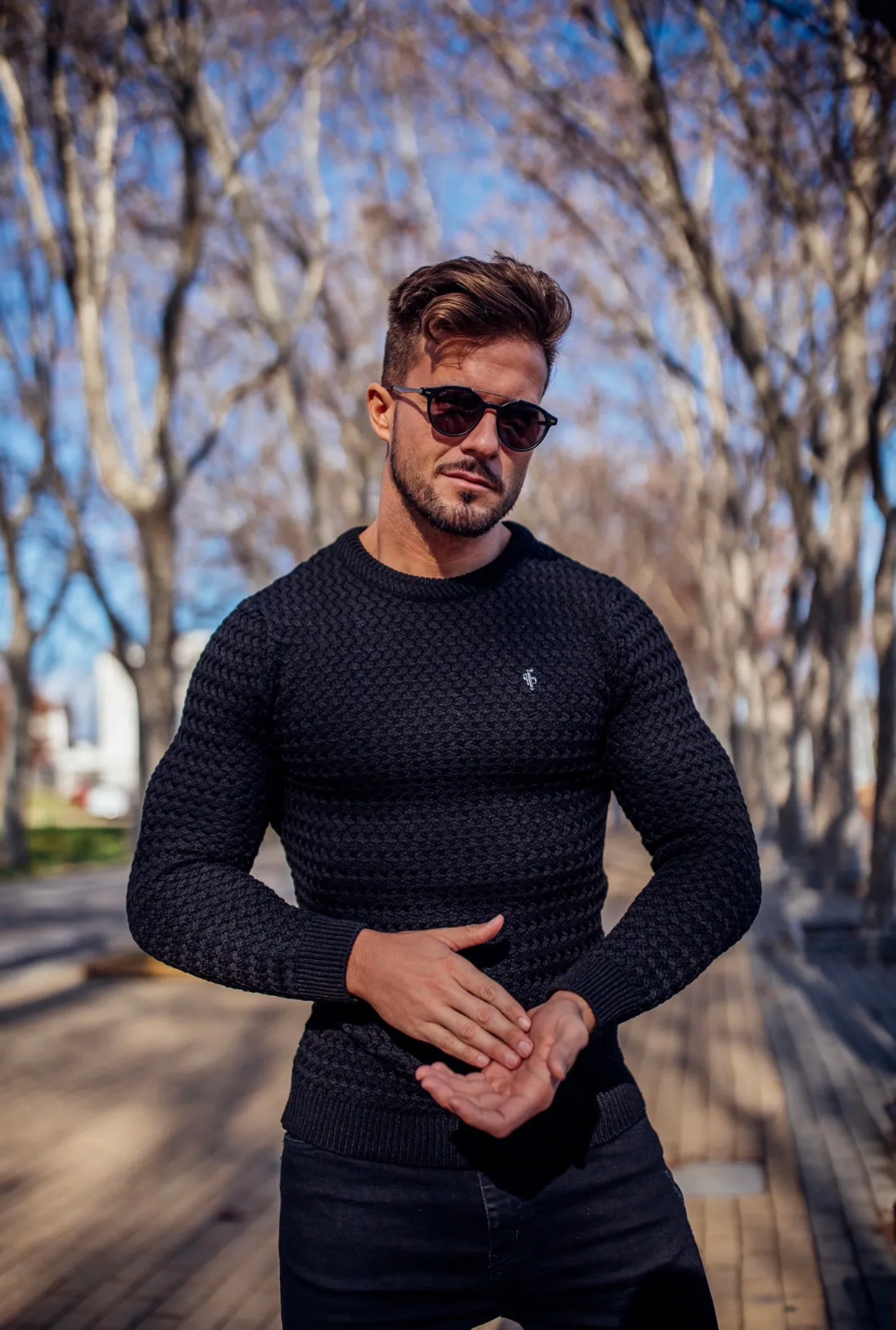 Father Sons Black Knitted Weave Super Slim Jumper With Metal Decal - FSJ014