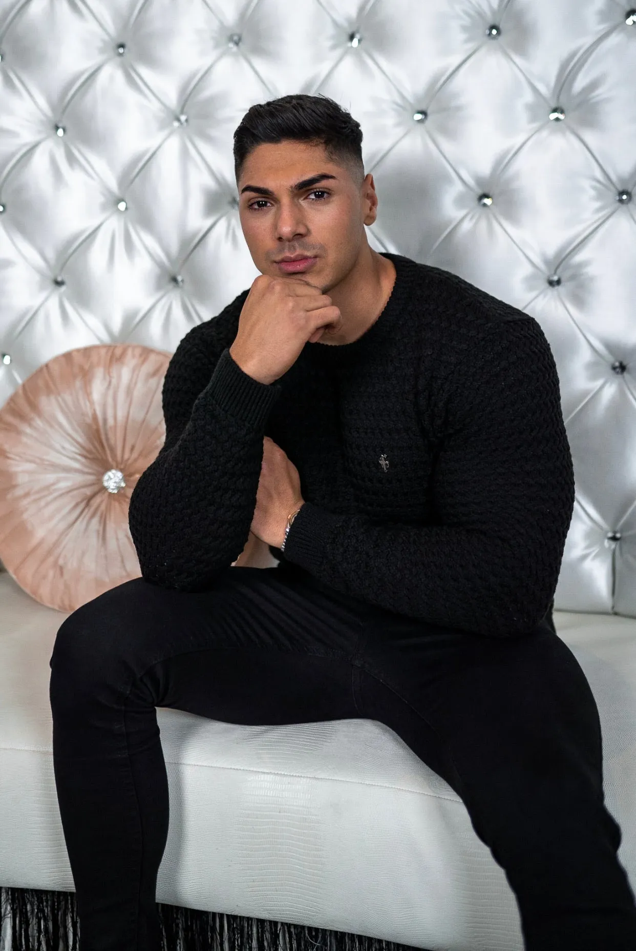 Father Sons Black Knitted Weave Super Slim Jumper With Metal Decal - FSJ014