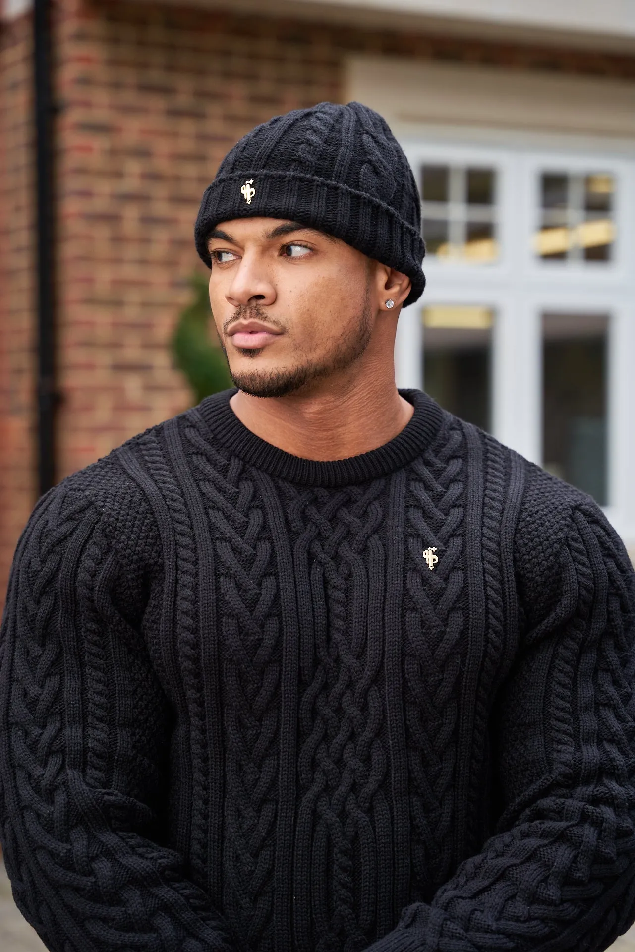 Father Sons Black Twisted Braid Weave Super Slim Jumper With Gold Decal - FSJ033