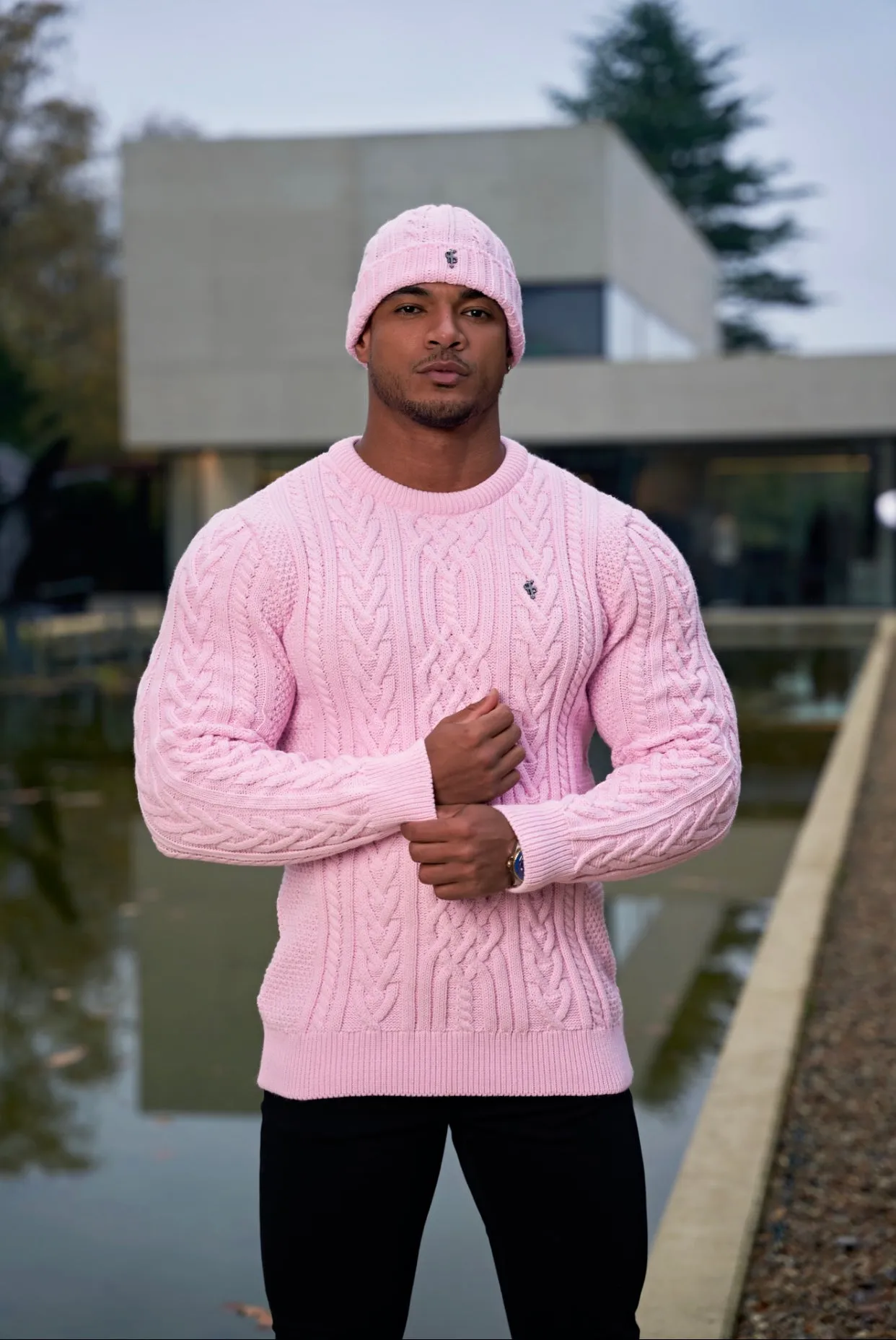 Father Sons Bright Pink Twisted Braid Weave Super Slim Jumper With Gunmetal Decal - FSJ041
