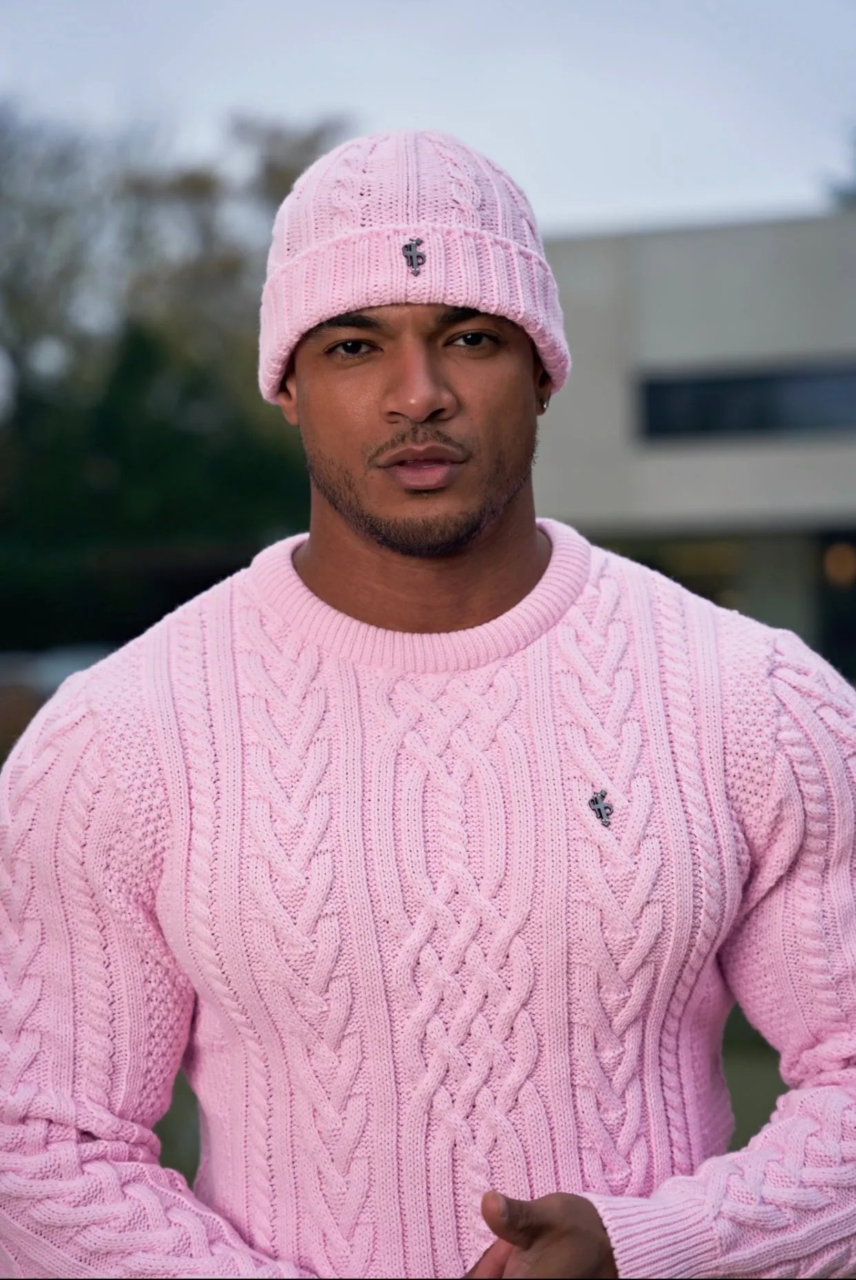 Father Sons Bright Pink Twisted Braid Weave Super Slim Jumper With Gunmetal Decal - FSJ041