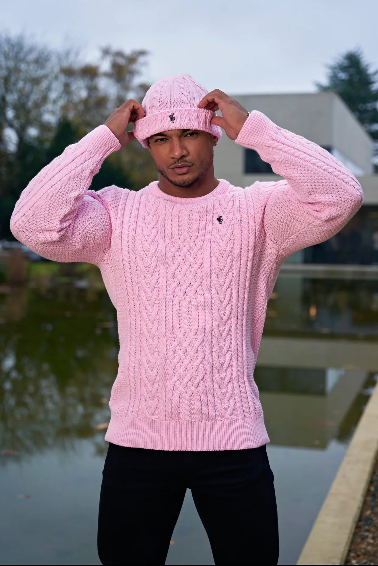 Father Sons Bright Pink Twisted Braid Weave Super Slim Jumper With Gunmetal Decal - FSJ041