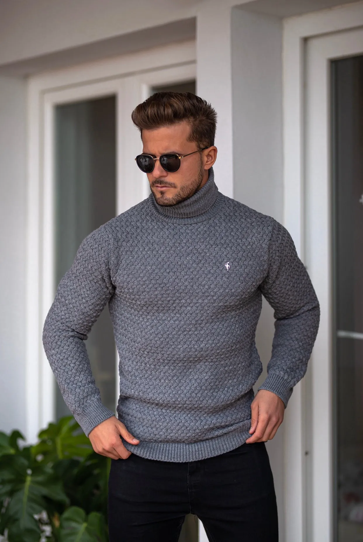 Father Sons Charcoal Knitted Roll Neck Weave Super Slim Jumper With Metal Decal - FSJ027