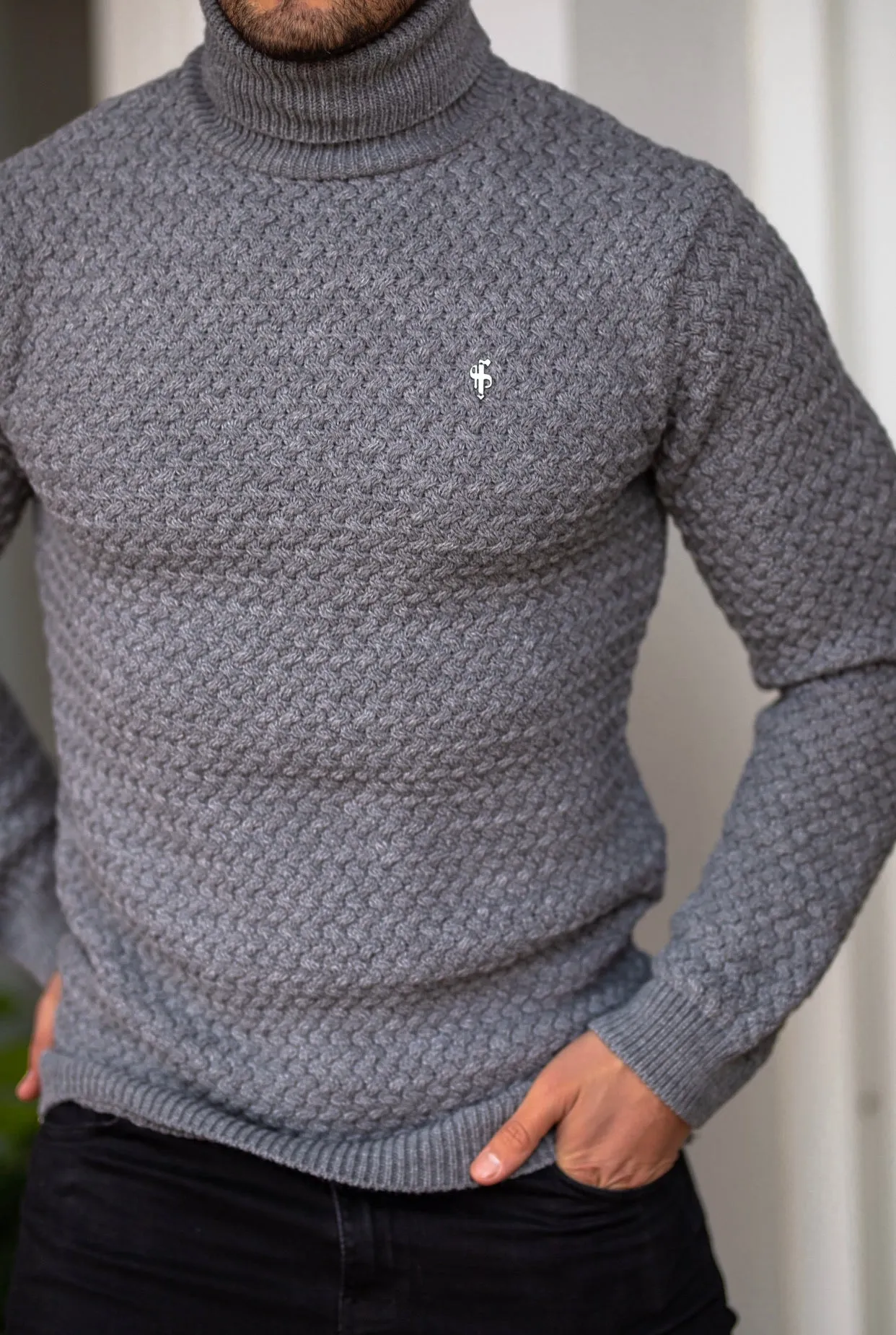 Father Sons Charcoal Knitted Roll Neck Weave Super Slim Jumper With Metal Decal - FSJ027