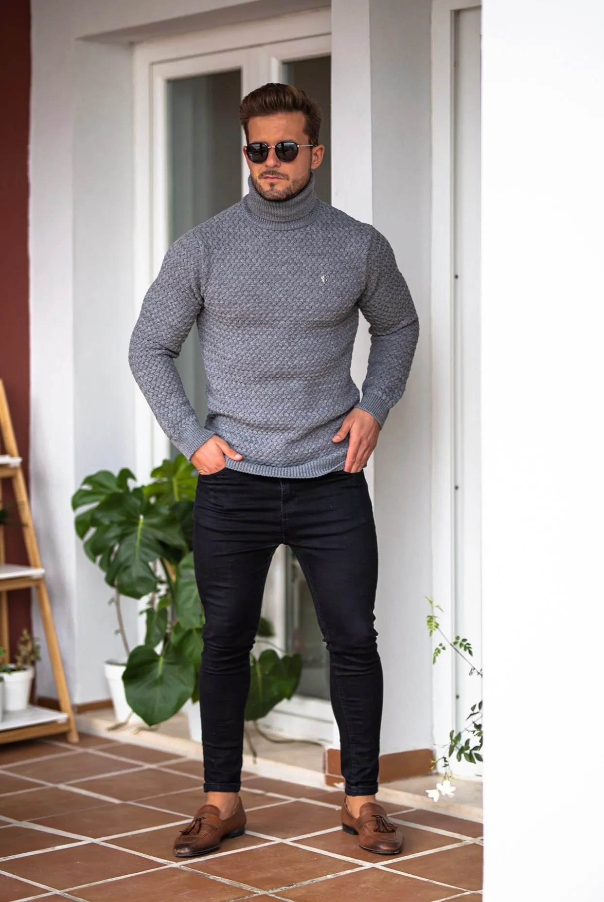 Father Sons Charcoal Knitted Roll Neck Weave Super Slim Jumper With Metal Decal - FSJ027