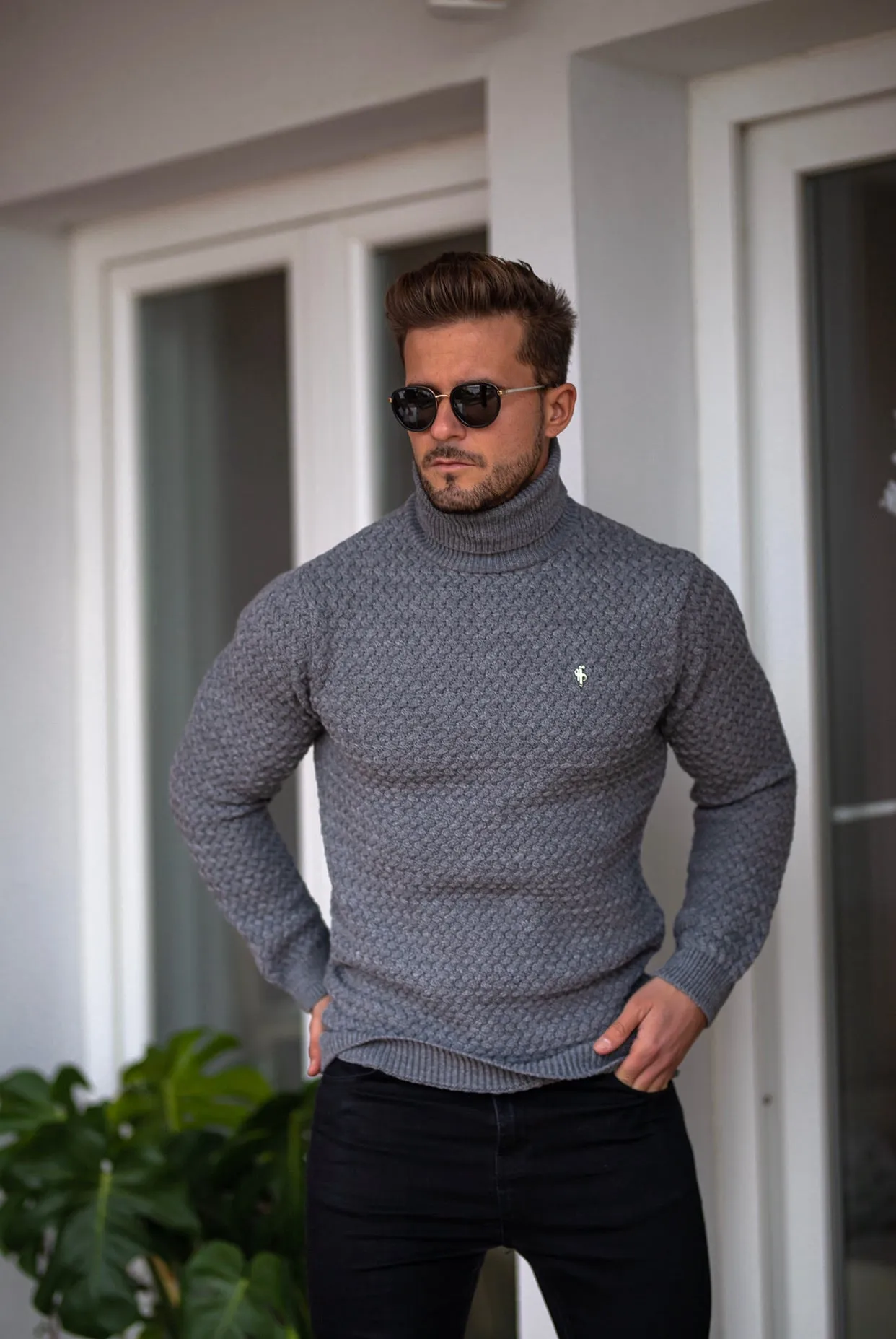 Father Sons Charcoal Knitted Roll Neck Weave Super Slim Jumper With Metal Decal - FSJ027
