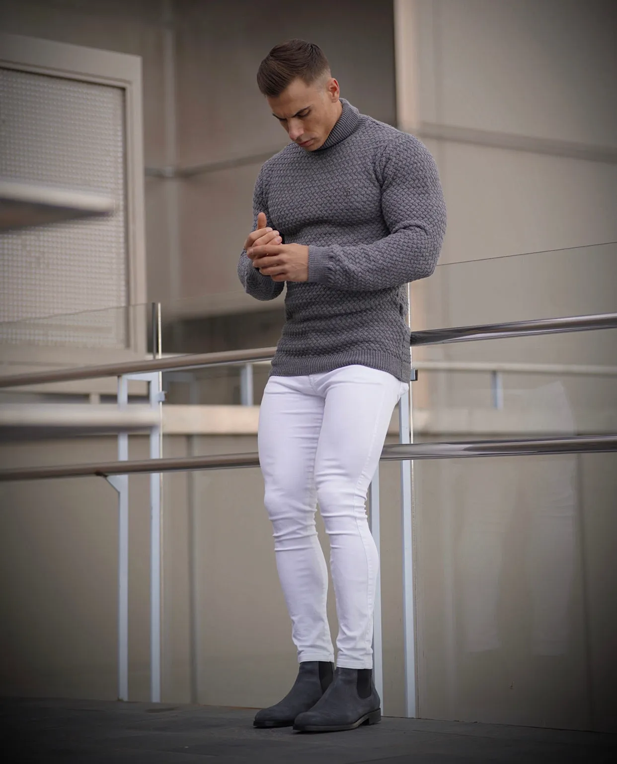 Father Sons Charcoal Knitted Roll Neck Weave Super Slim Jumper With Metal Decal - FSJ027