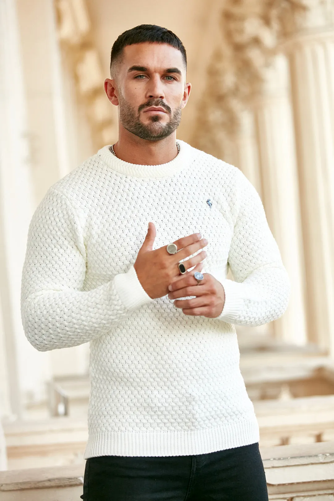 Father Sons Cream Knitted Weave Super Slim Jumper With Metal Decal - FSJ012