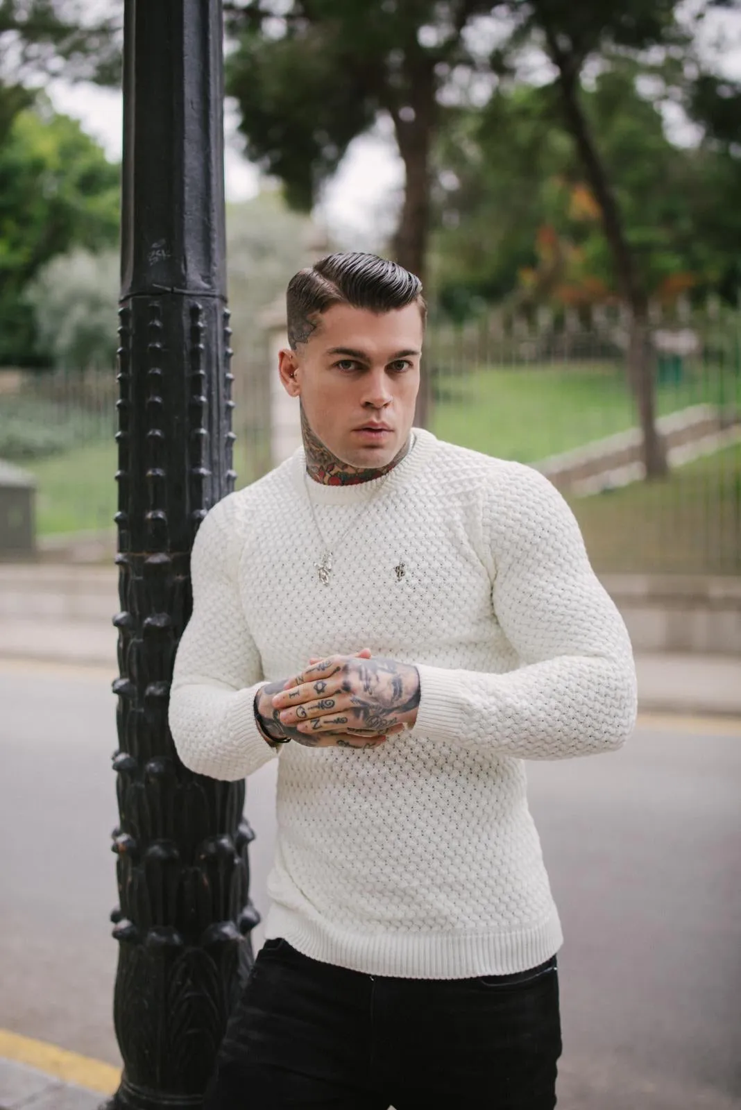 Father Sons Cream Knitted Weave Super Slim Jumper With Metal Decal - FSJ012