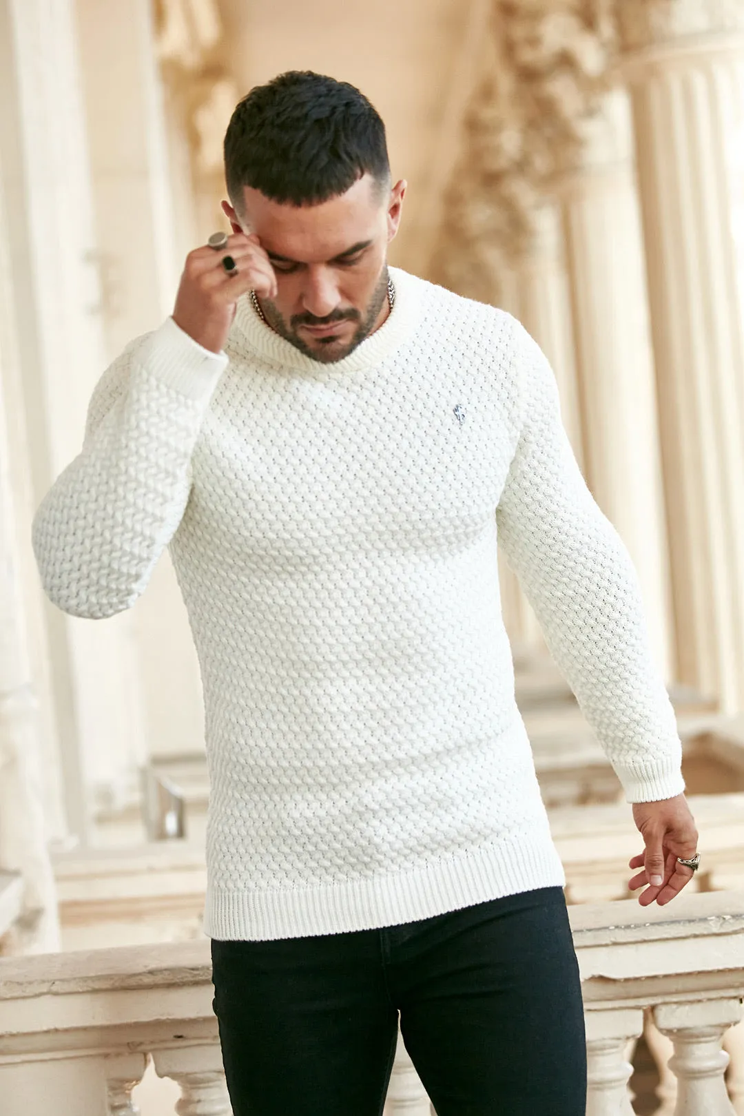 Father Sons Cream Knitted Weave Super Slim Jumper With Metal Decal - FSJ012