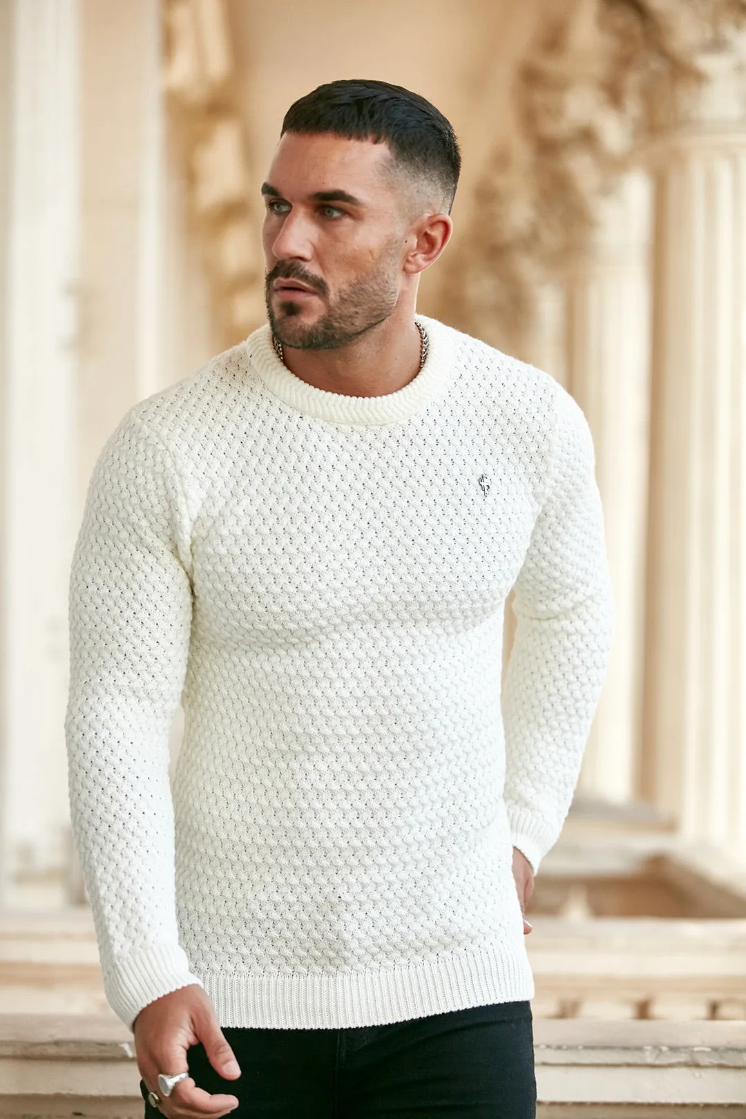 Father Sons Cream Knitted Weave Super Slim Jumper With Metal Decal - FSJ012