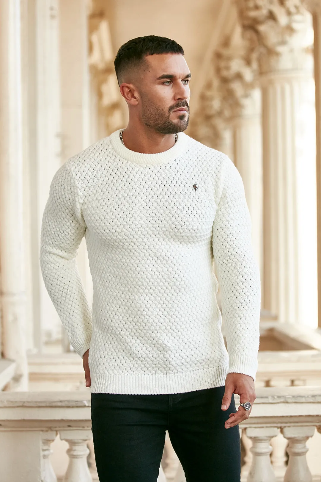 Father Sons Cream Knitted Weave Super Slim Jumper With Metal Decal - FSJ012