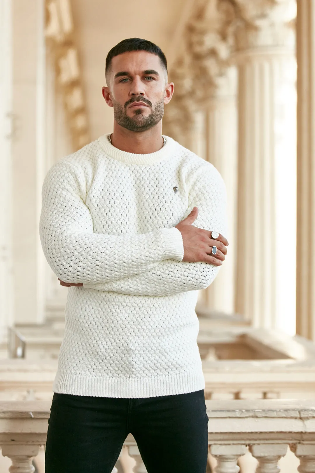 Father Sons Cream Knitted Weave Super Slim Jumper With Metal Decal - FSJ012