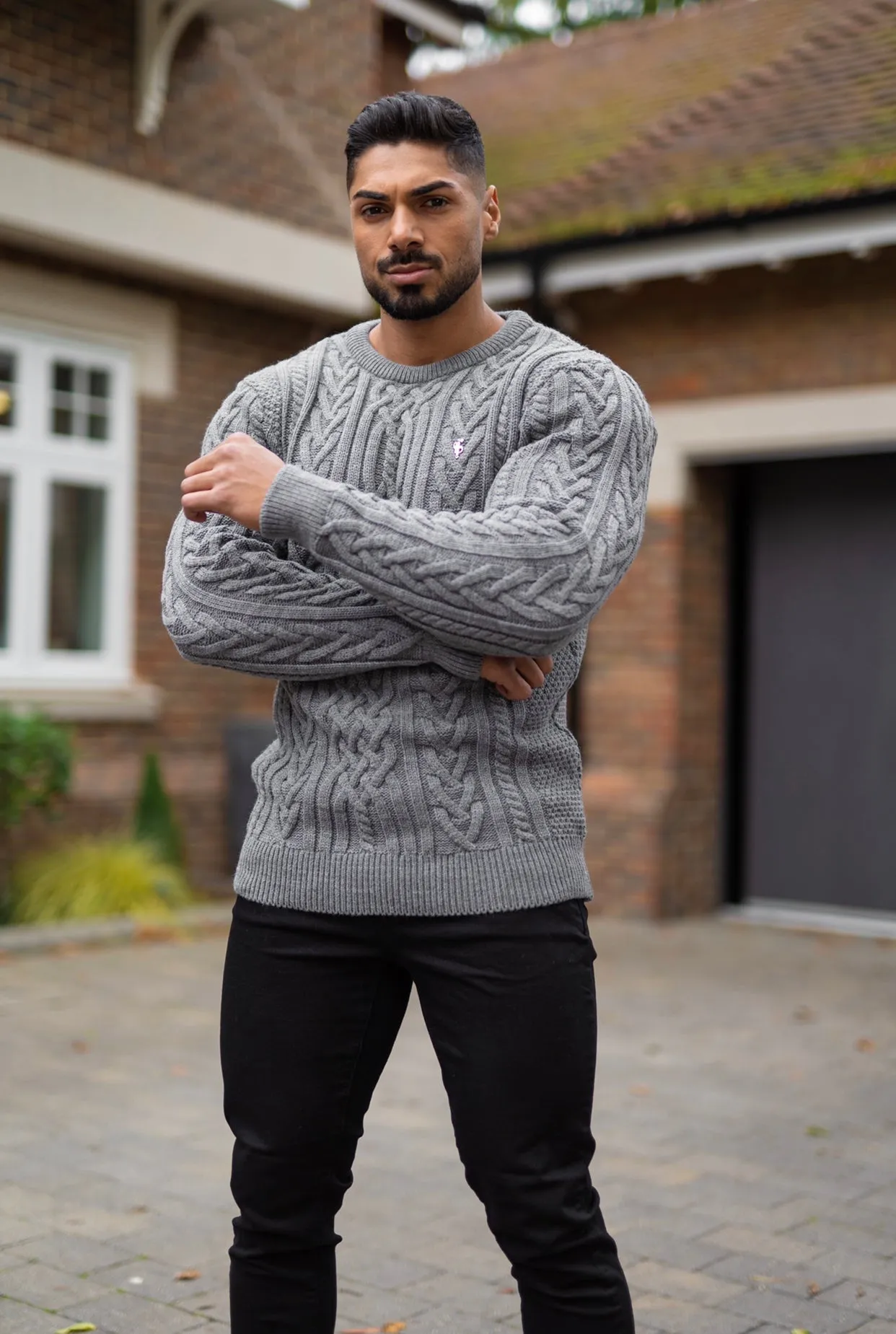 Father Sons Grey Twisted Braid Weave Super Slim Jumper With Silver Decal - FSJ035